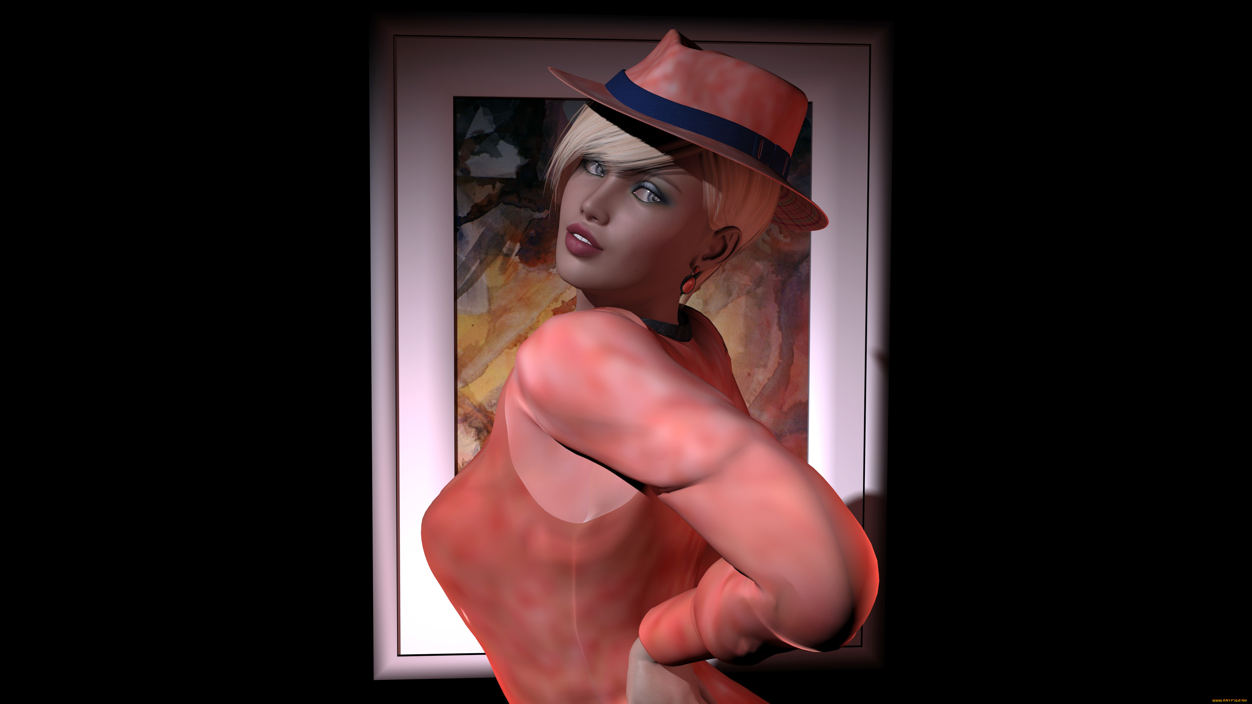 3д, графика, люди, , people, девушка, блондинка, шляпа, фон, взгляд