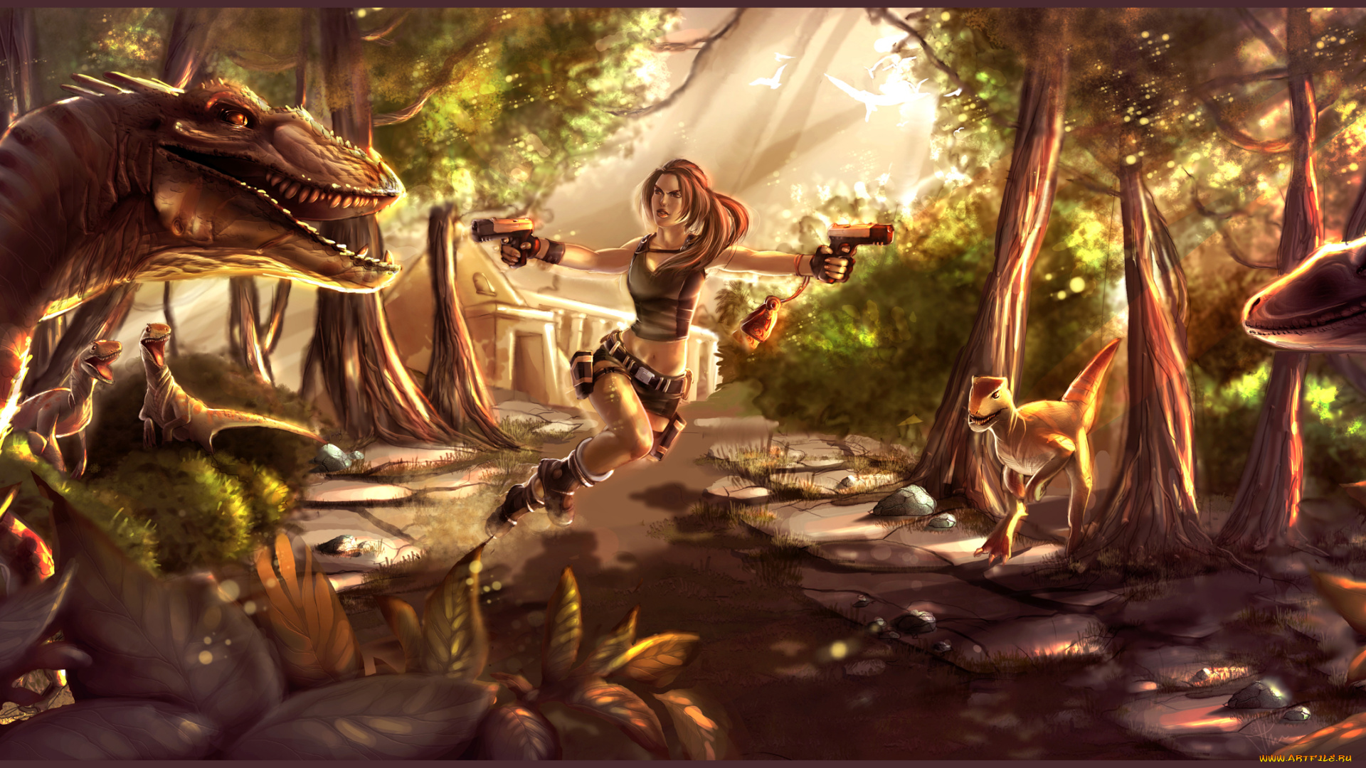 рисованное, комиксы, девушка, динозавр, пистолет, фон