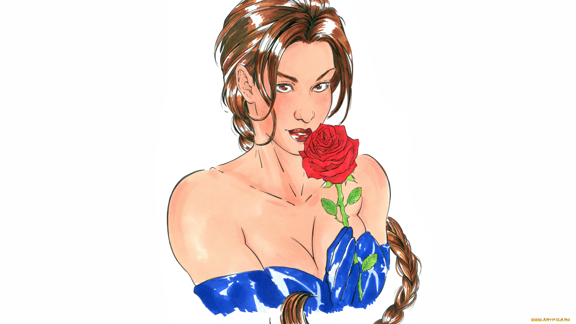 рисованное, люди, фон, девушка, коса, роза, взгляд
