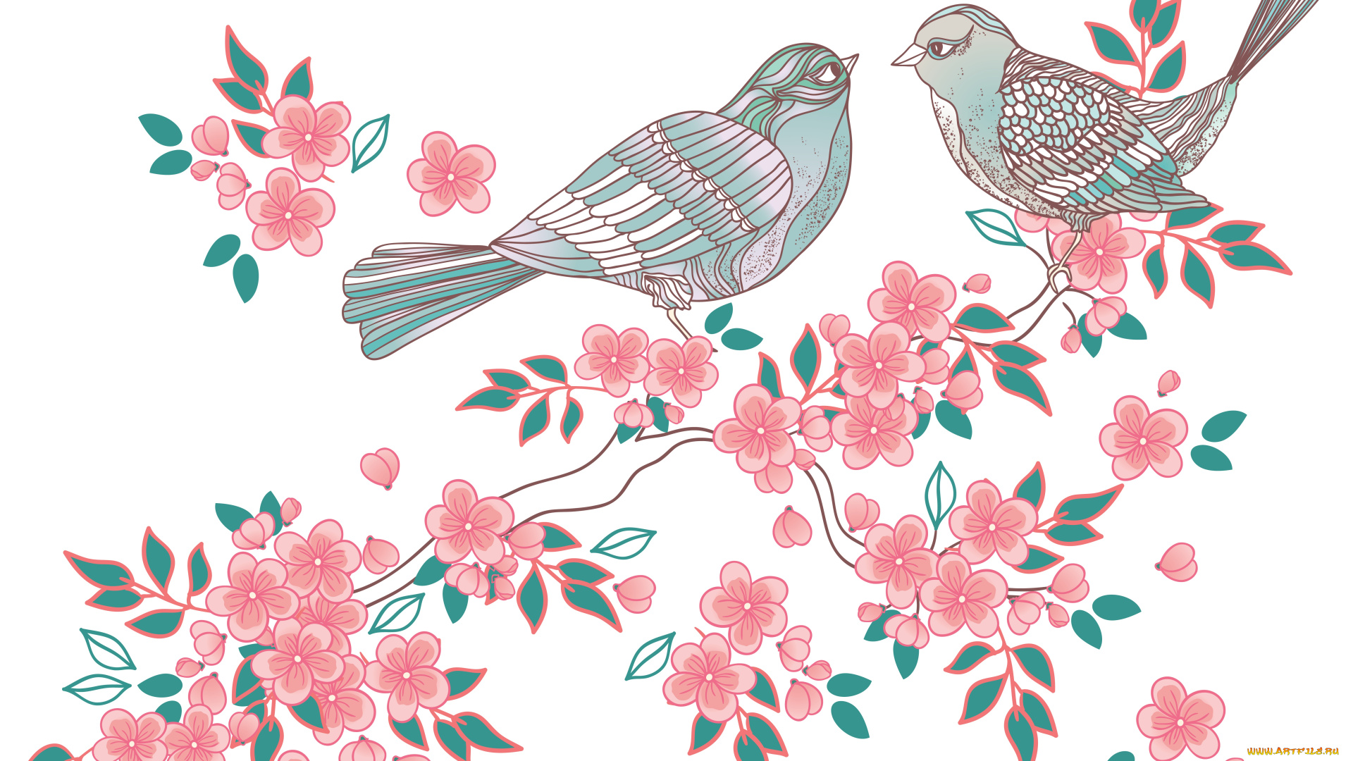 векторная, графика, животные, , animals, птицы, фон, лепестки, цветы, ветка