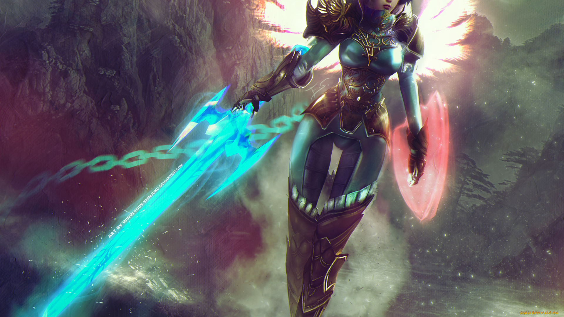 видео, игры, guild, wars, 2, меч, арт, маг, девушка, доспех, guild, wars, 2, магия, крылья, щит