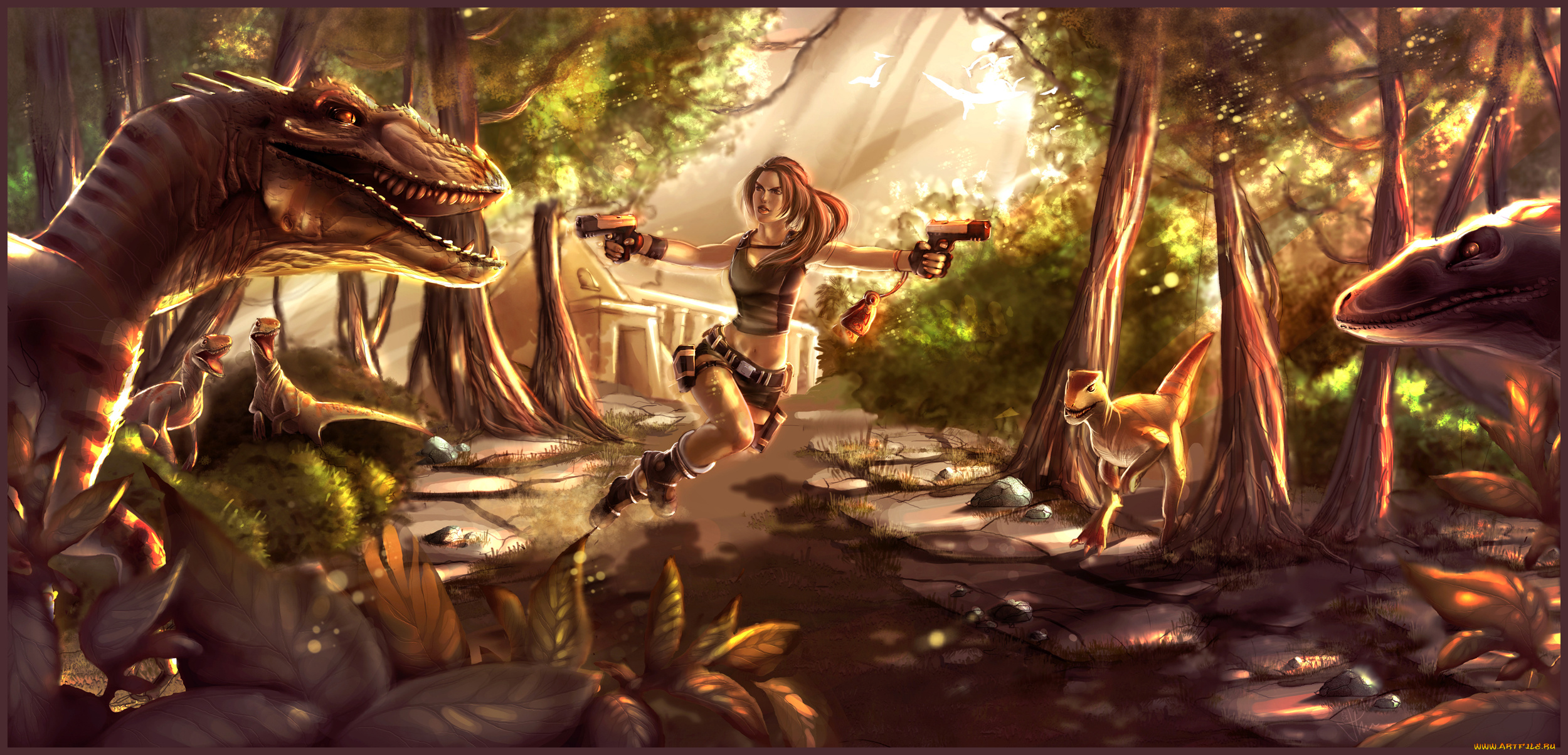 рисованное, комиксы, девушка, динозавр, пистолет, фон