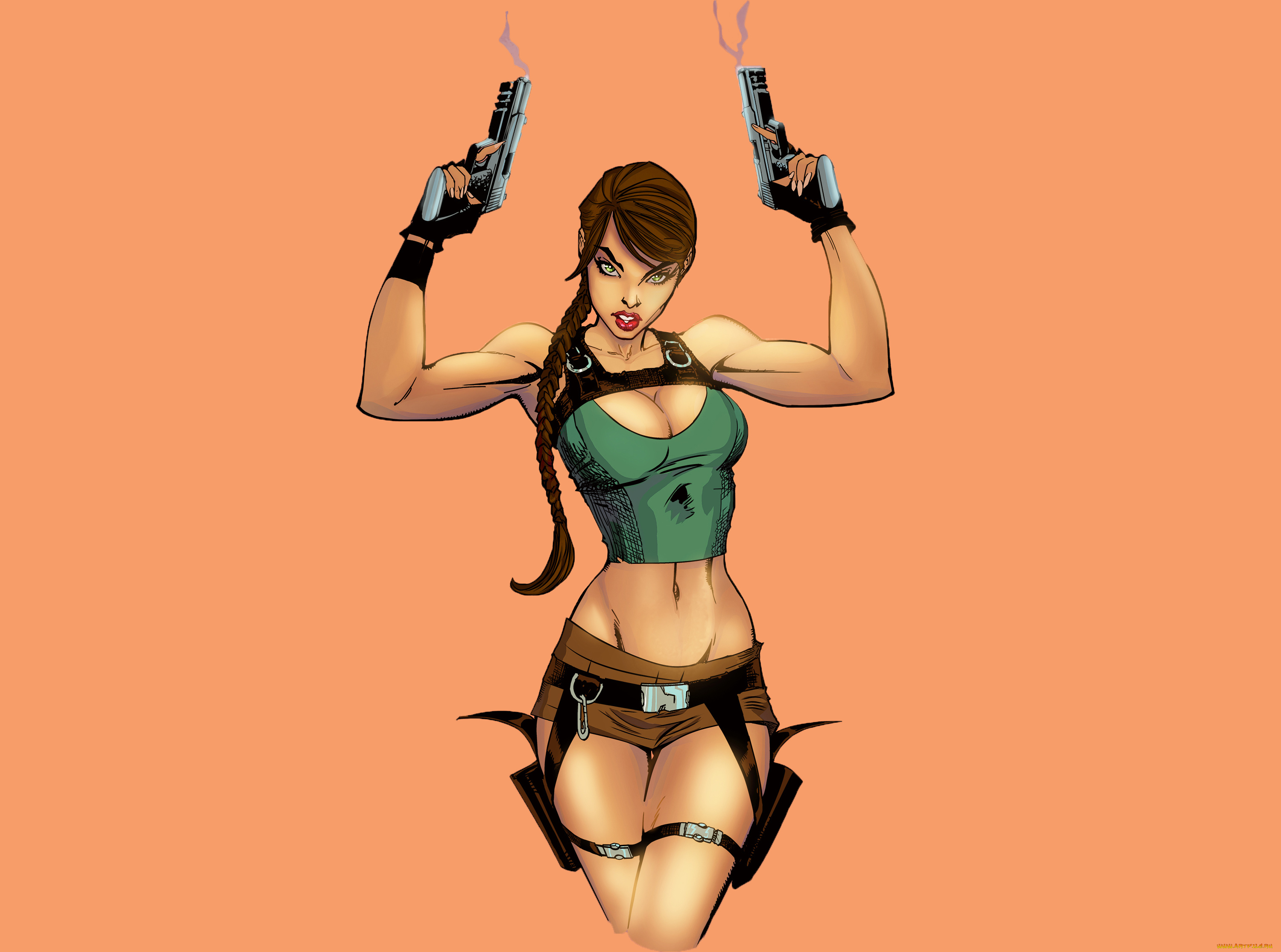 рисованное, комиксы, коса, пистолет, фон, взгляд, девушка