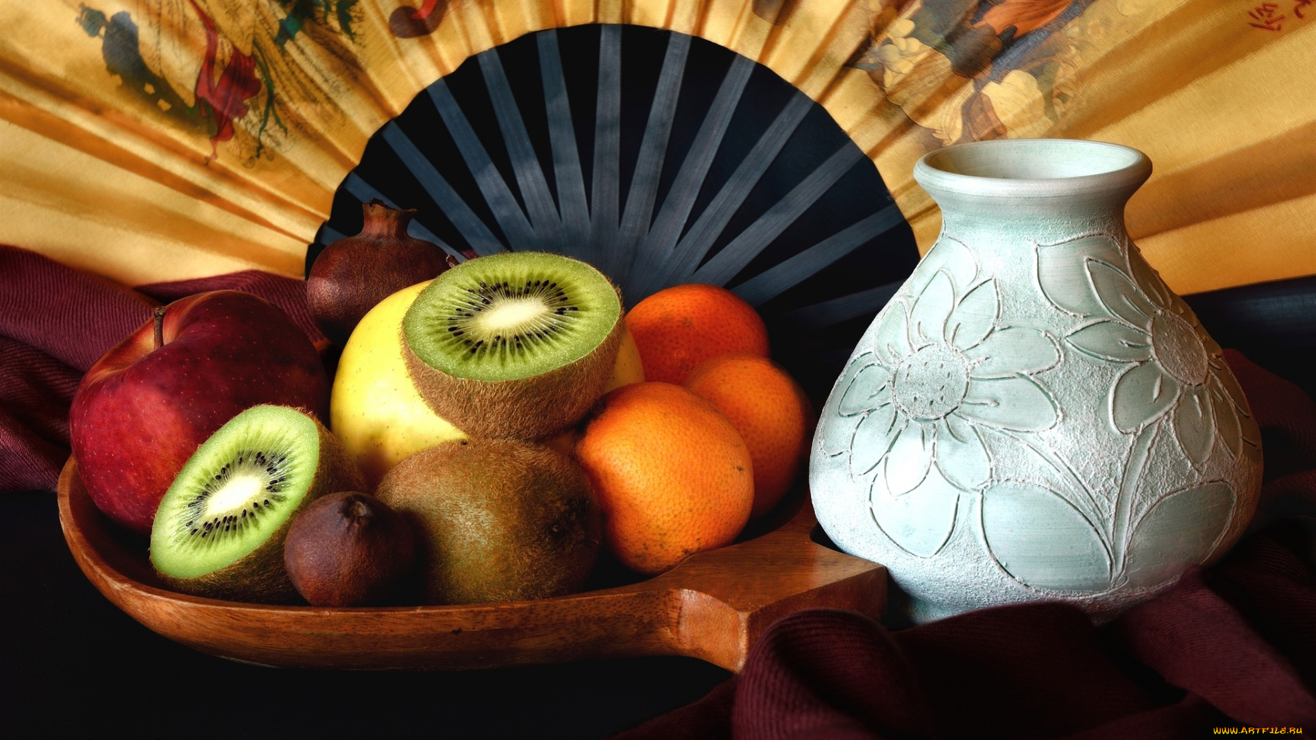 еда, фрукты, , ягоды, ваза, веер, апельсин, яблоко, киви