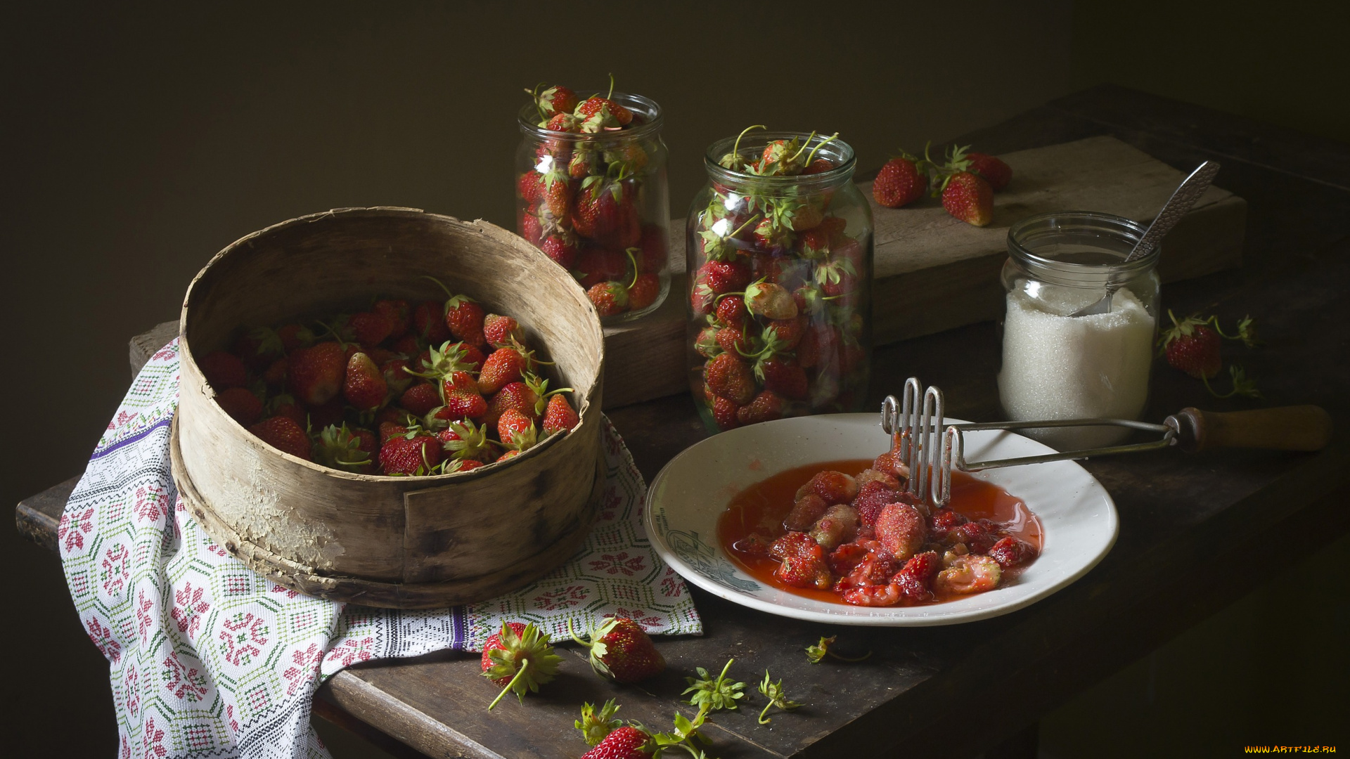 еда, клубника, , земляника, ягоды, цветы, листья