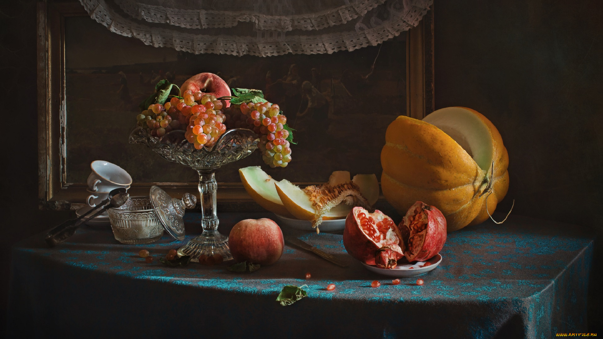 еда, натюрморт, посуда, гранат, дыня, виноград