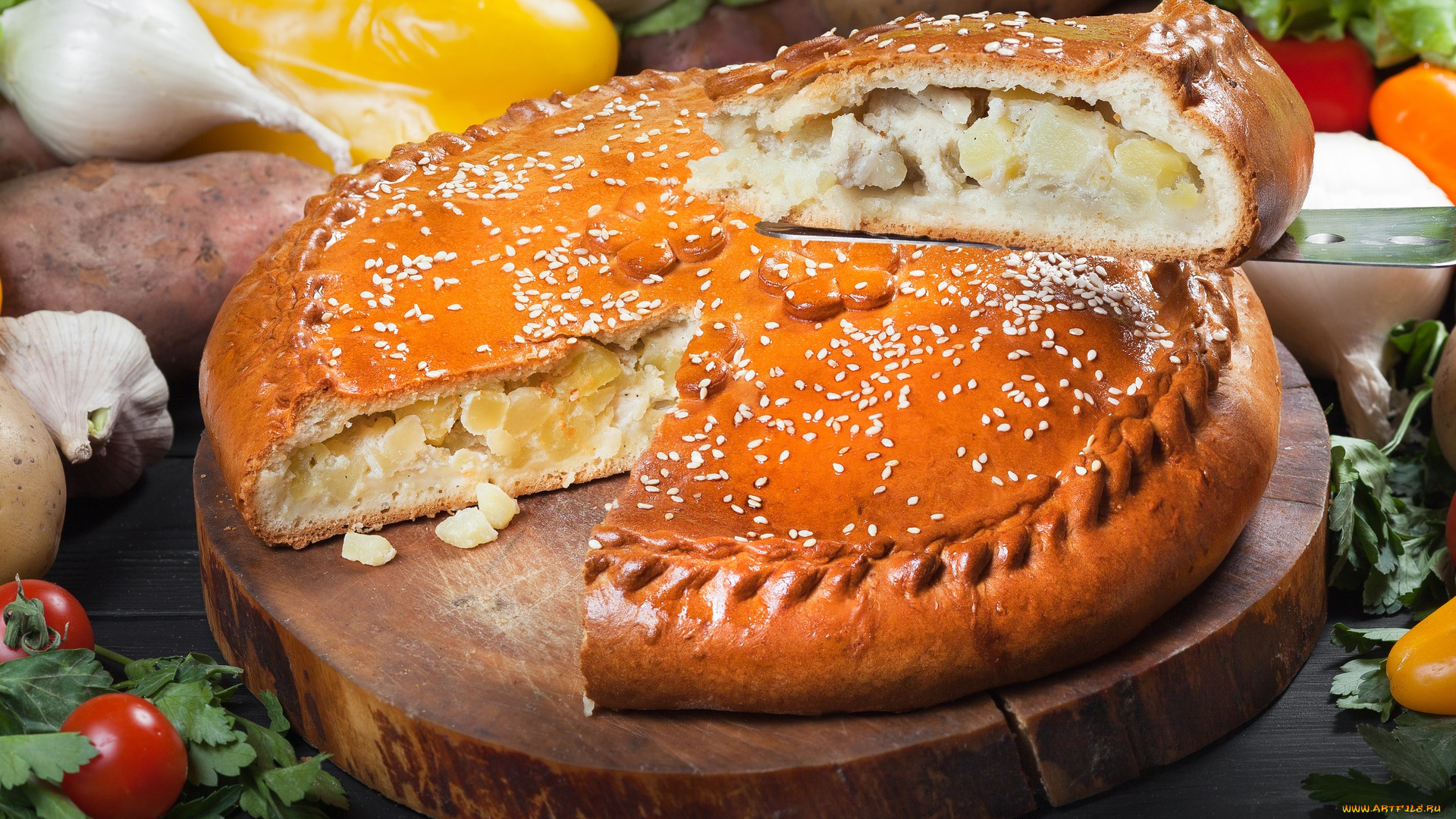 еда, пироги, картофель, выпечка, пирог, курица, овощи