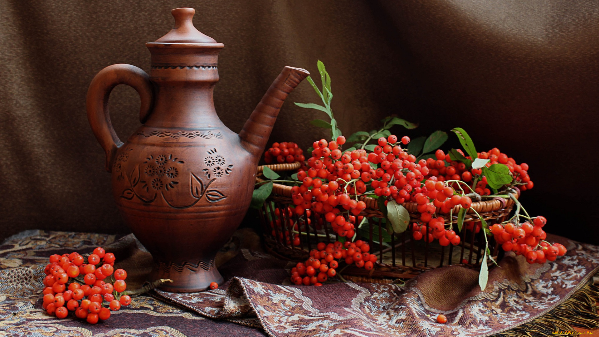 еда, рябина, ягоды, натюрморт, кувшин, осень