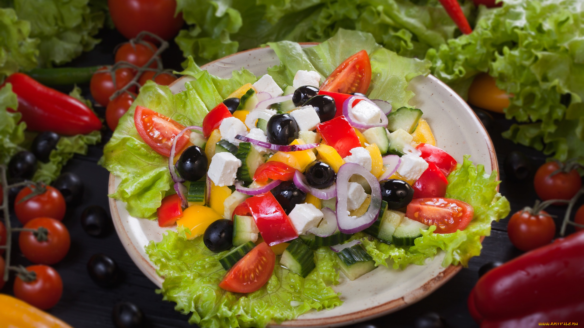 еда, салаты, , закуски, греческий, маслины, огурец, лук, перец, помидоры, фета, овощи, салат