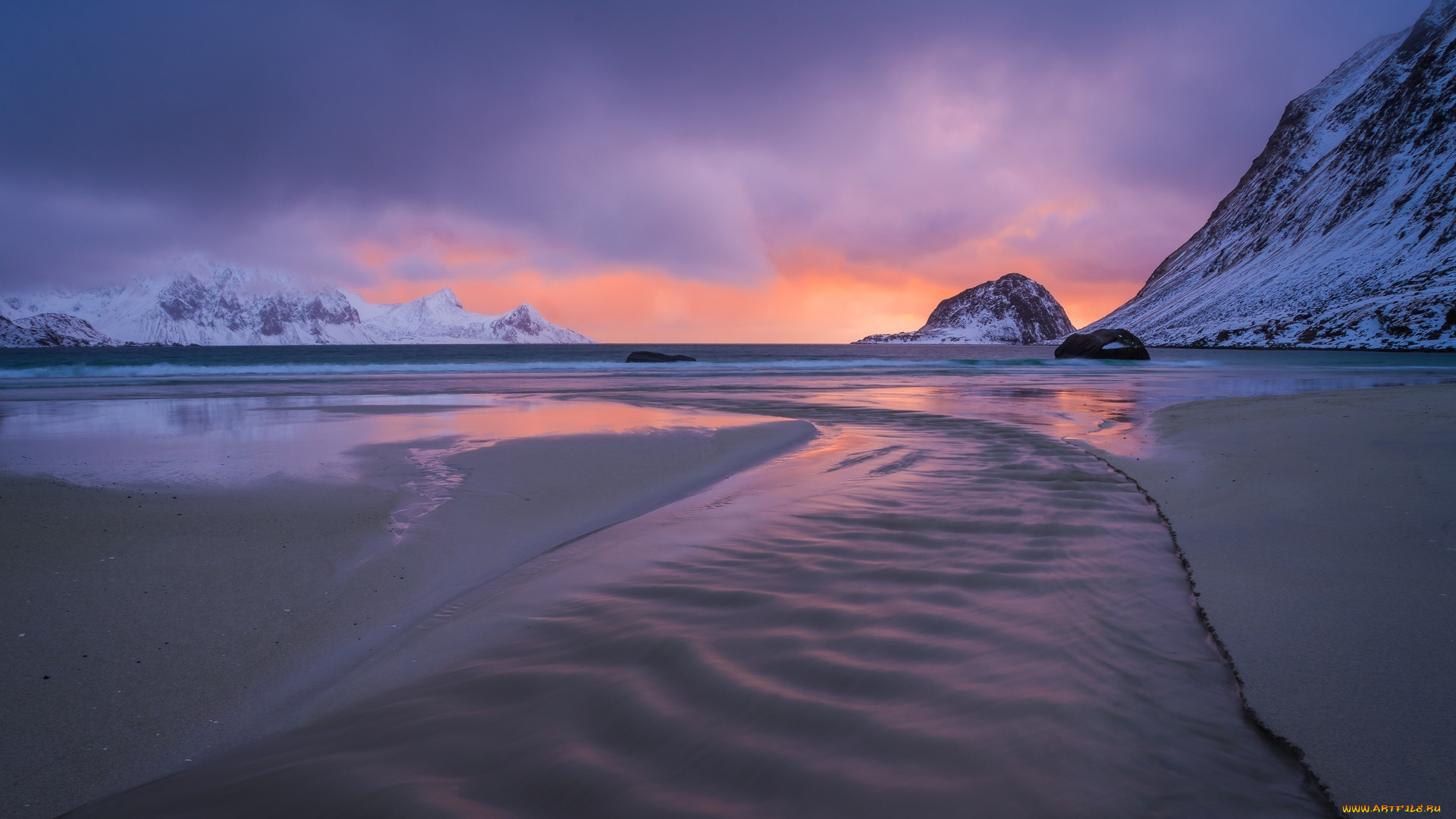 природа, побережье, берег, море, скалы, закат, снег