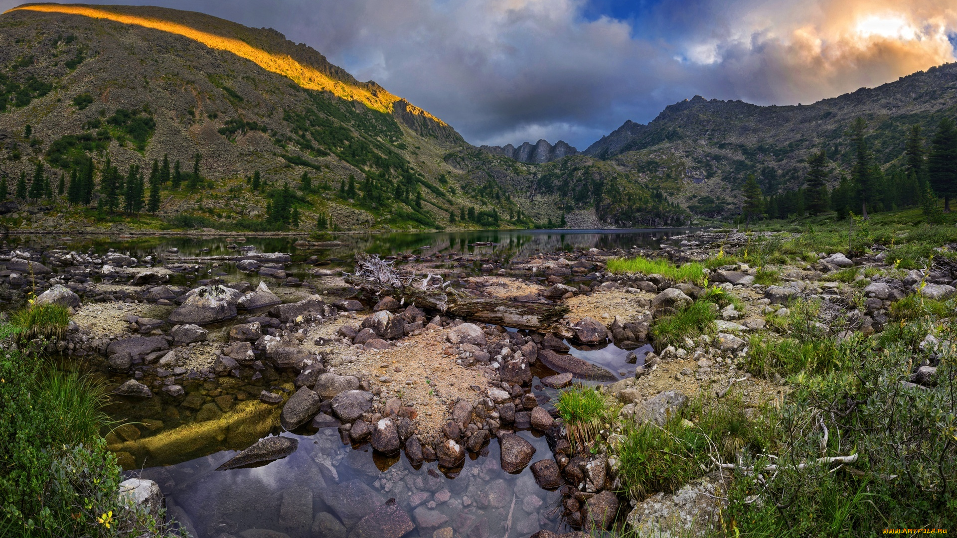 западные, саяны, , араданский, хребет, природа, реки, озера, озеро, горы, камни, трава, закат, скалы, тучи, небо