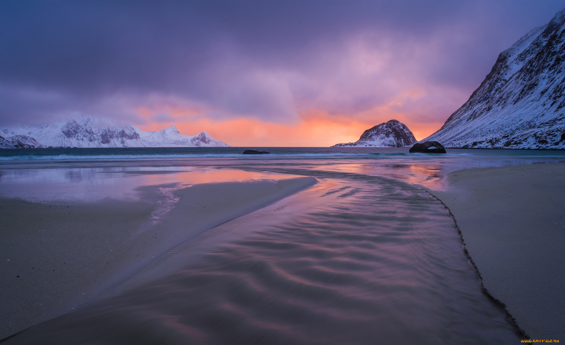 природа, побережье, берег, море, скалы, закат, снег