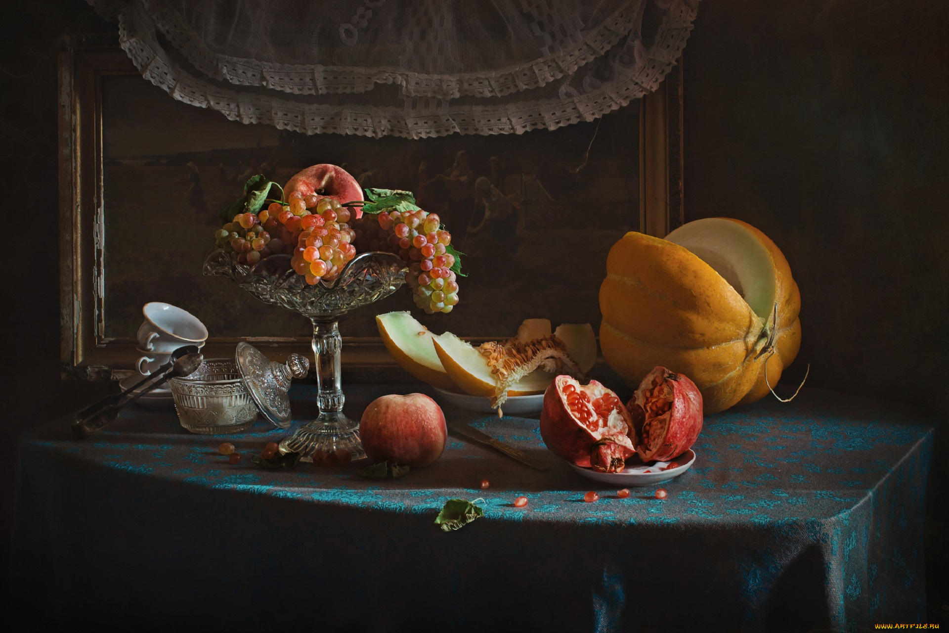 еда, натюрморт, посуда, гранат, дыня, виноград