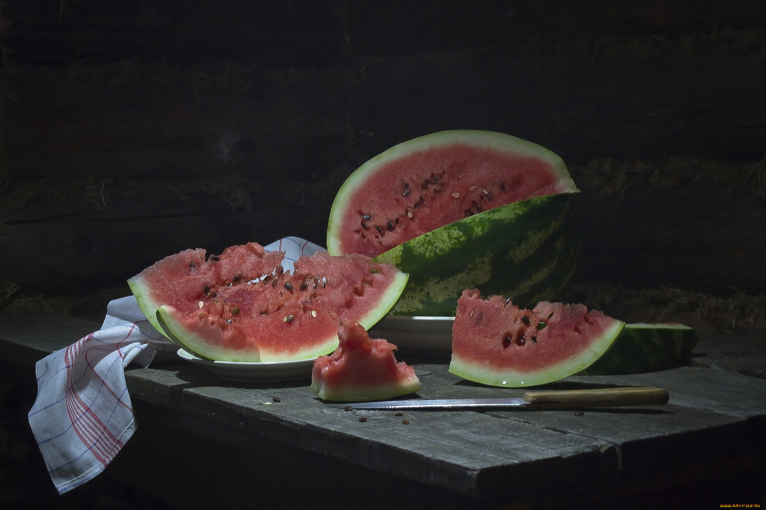 еда, арбуз, скатерть, нож, ягода