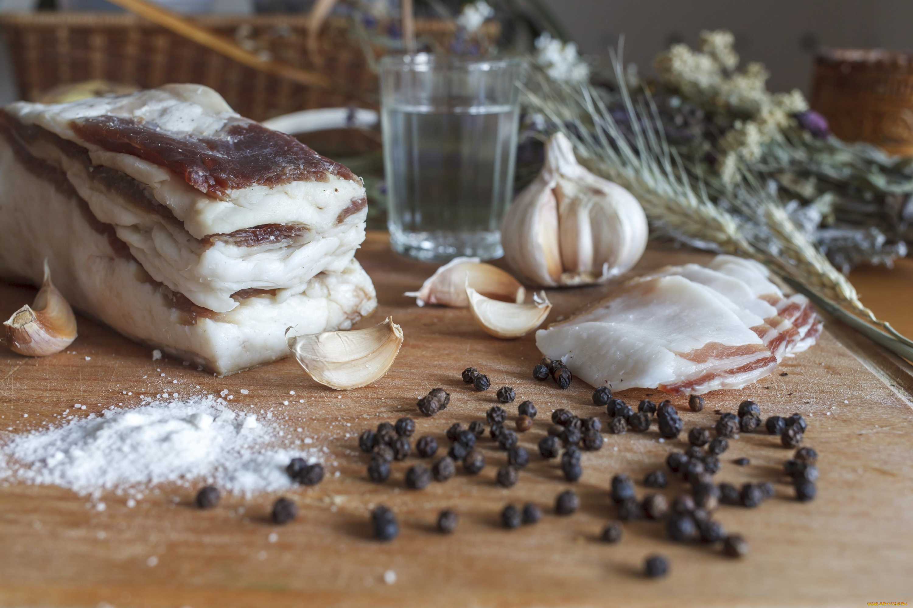 еда, разное, водка, перец, сало, чеснок