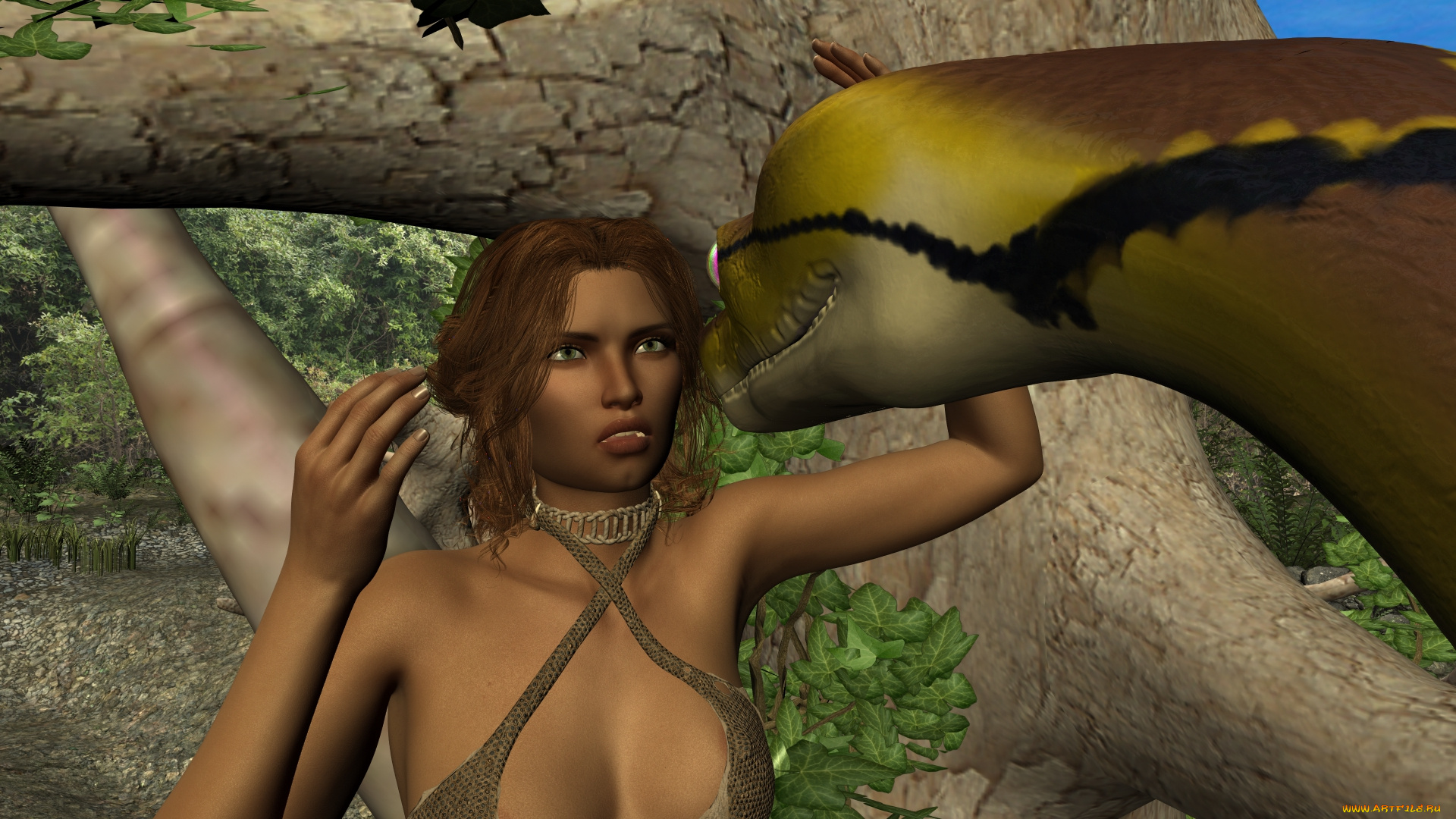 3д, графика, фантазия, , fantasy, дерево, змея, взгляд, фон, девушка