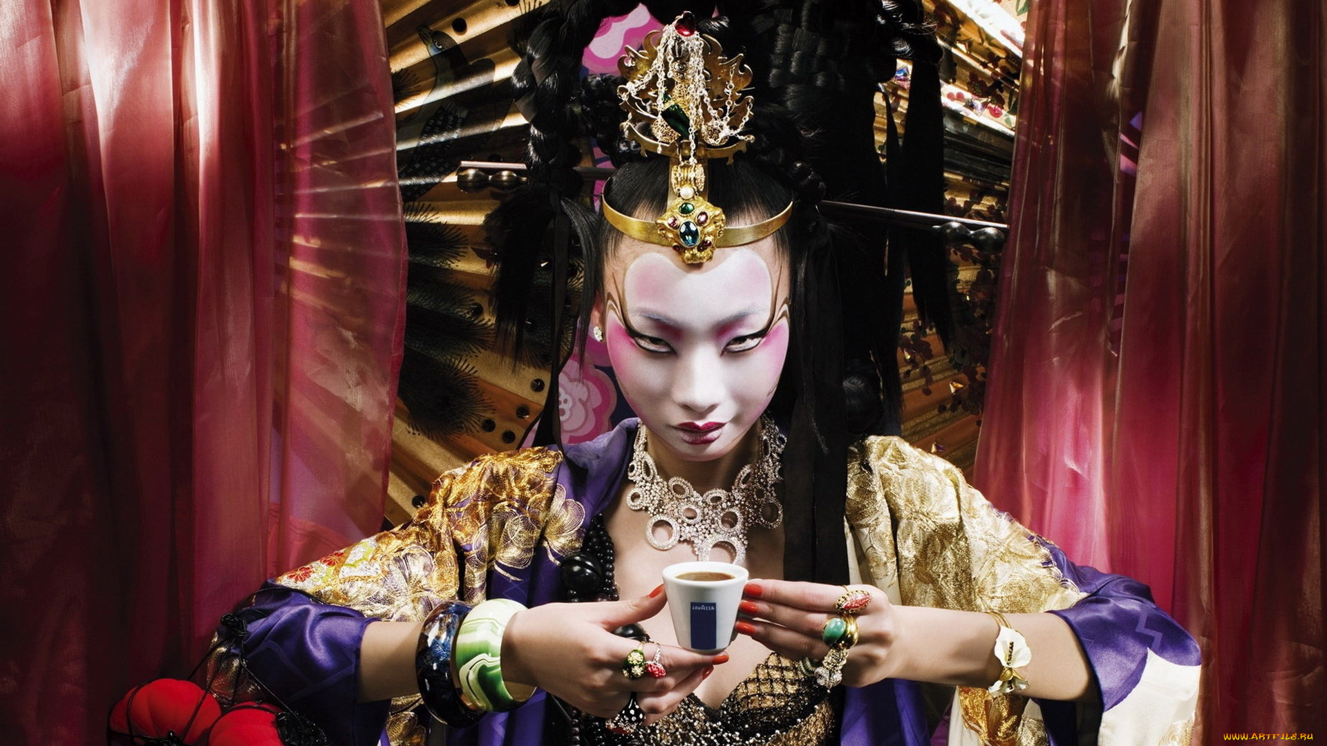 девушки, -unsort, , азиатки, украшения, кимоно, макияж, кофе, чашка, костюм, веера