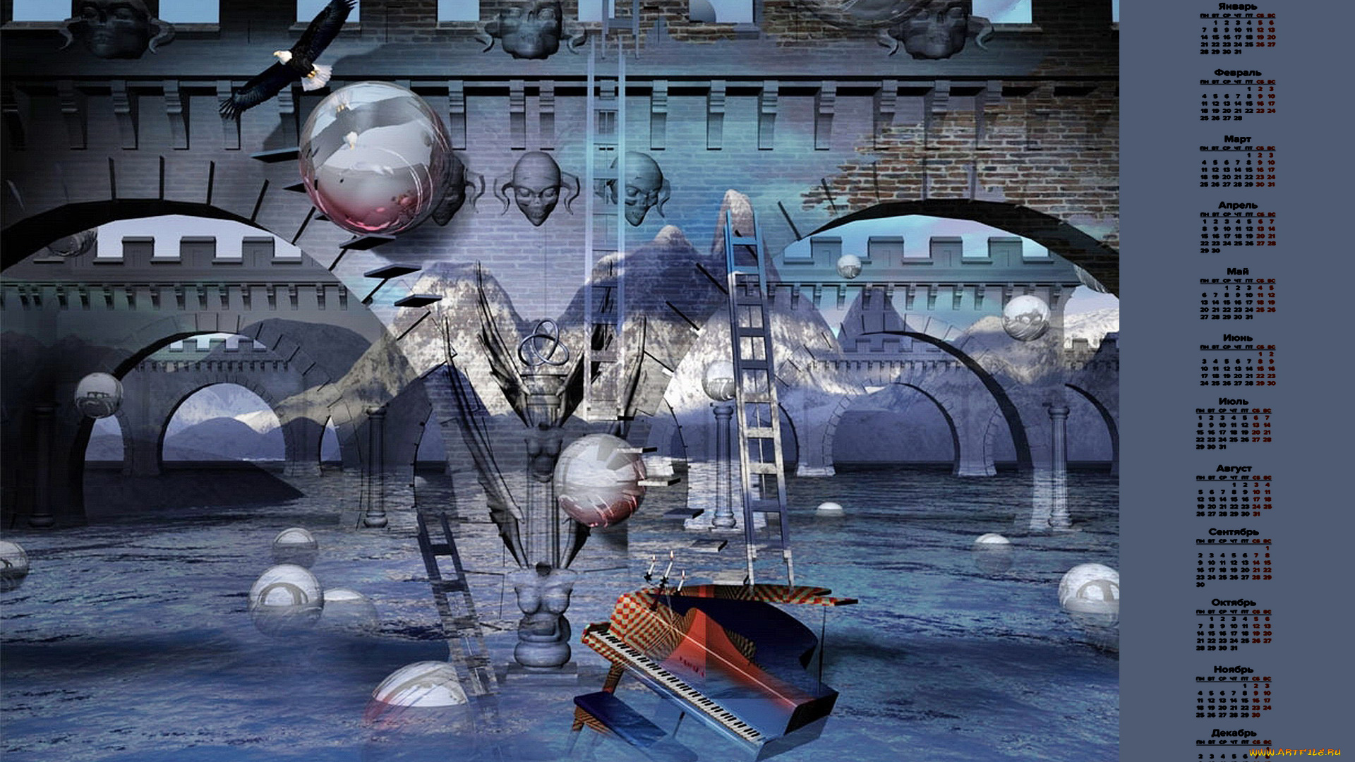 календари, 3д-графика, вода, рояль, мост, птица