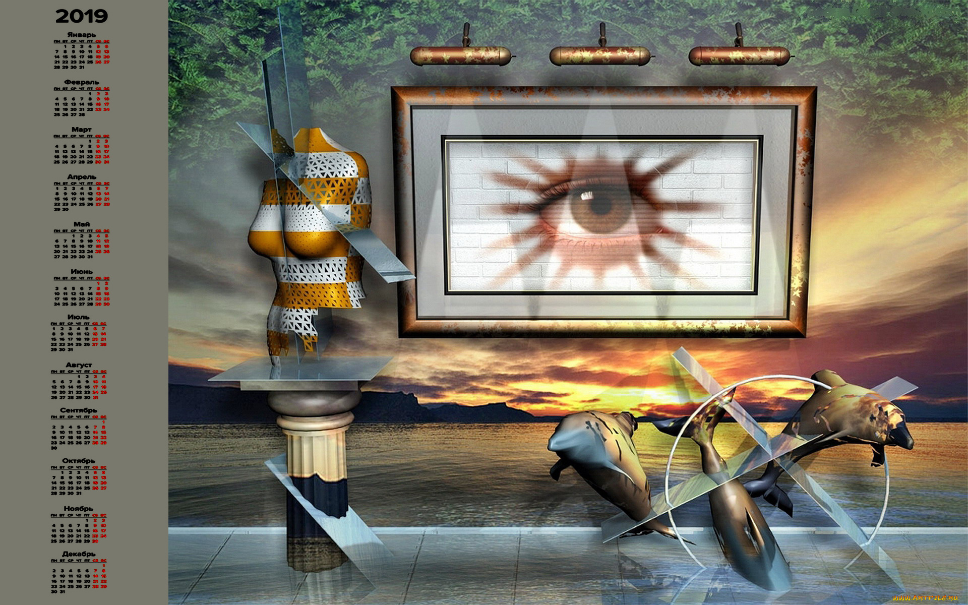 календари, 3д-графика, картина, глаз, дельфин