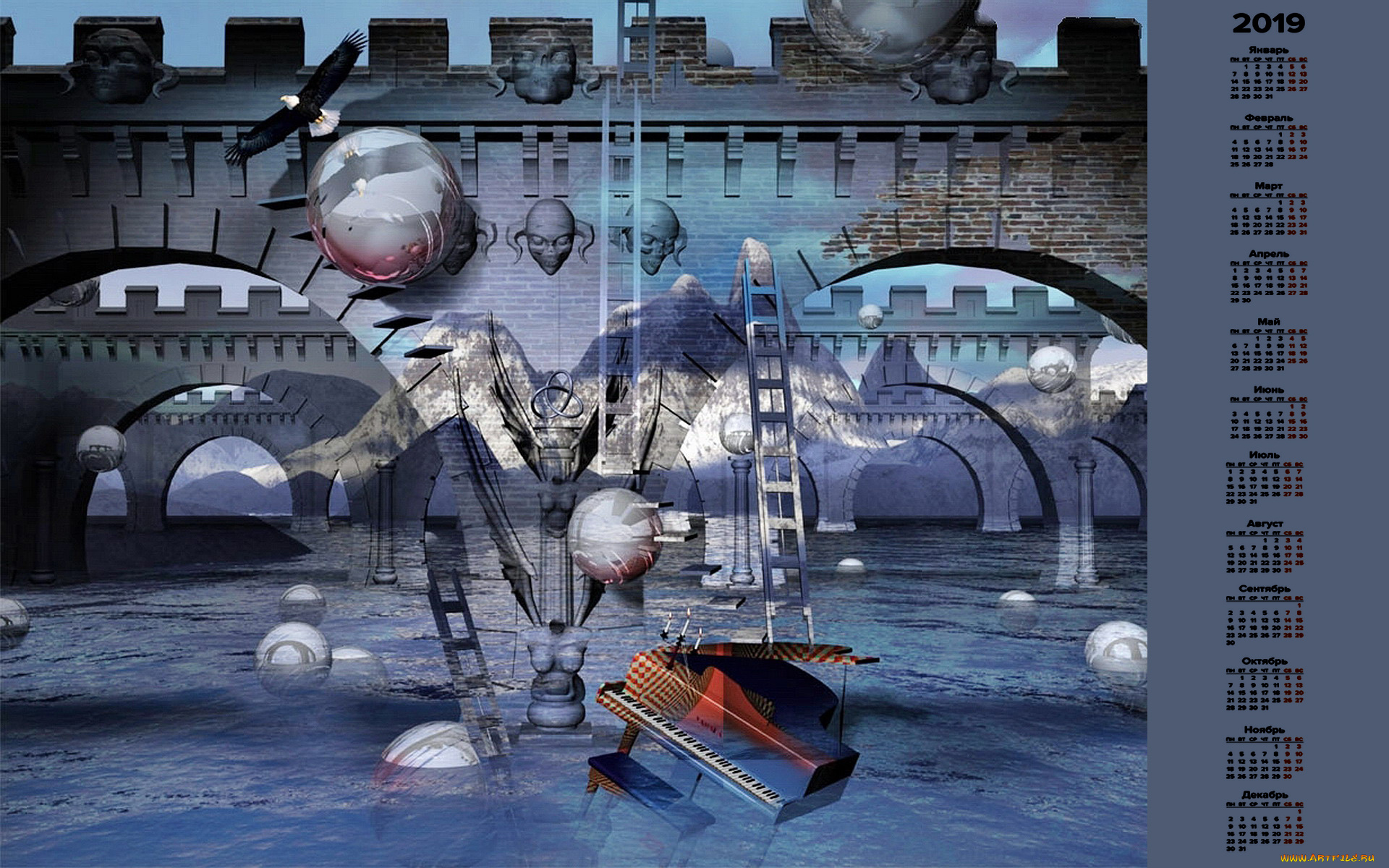 календари, 3д-графика, вода, рояль, мост, птица