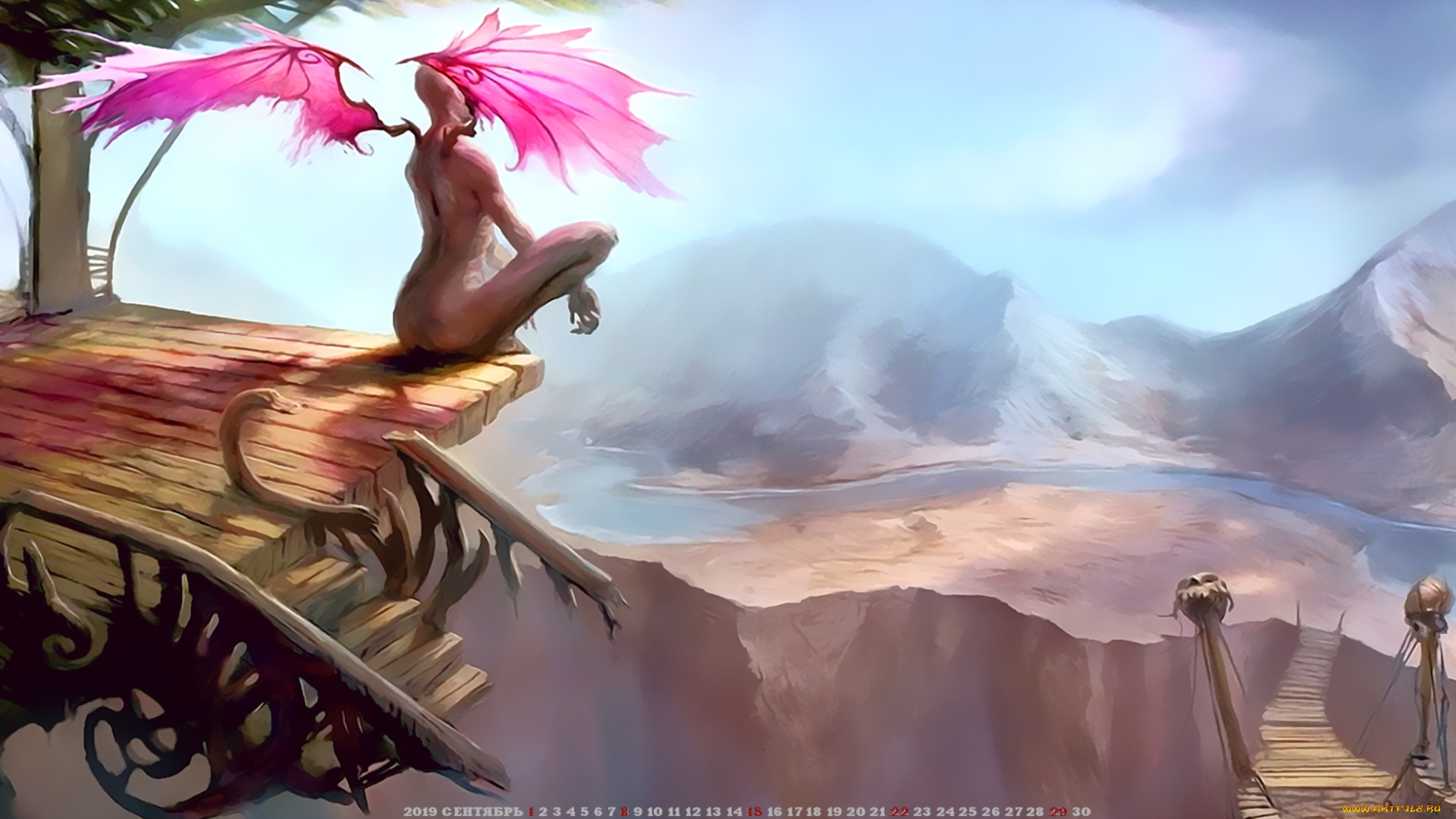 календари, фэнтези, лестница, существо, крылья, 2019, calendar, природа, гора