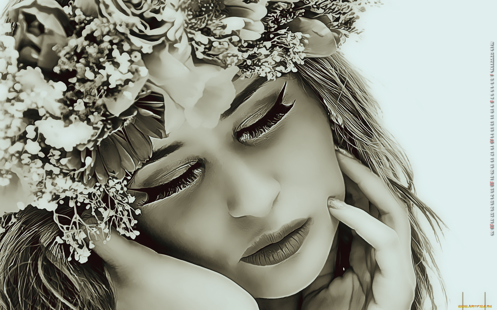 календари, компьютерный, дизайн, лицо, цветы, девушка, венок, 2019, calendar, макияж, женщина