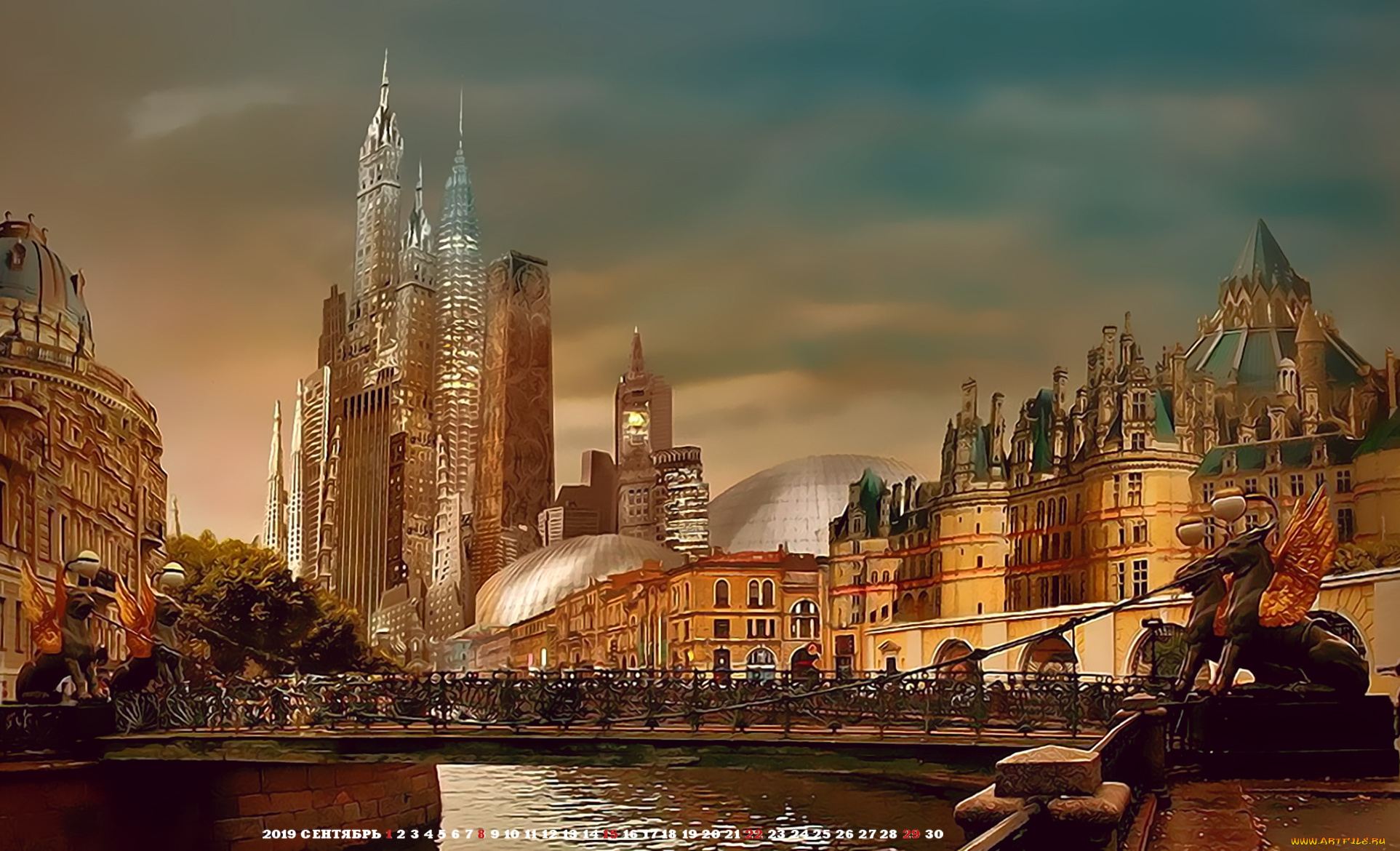 календари, фэнтези, лев, мост, город, 2019, calendar, водоем, небоскреб, здание, крылья