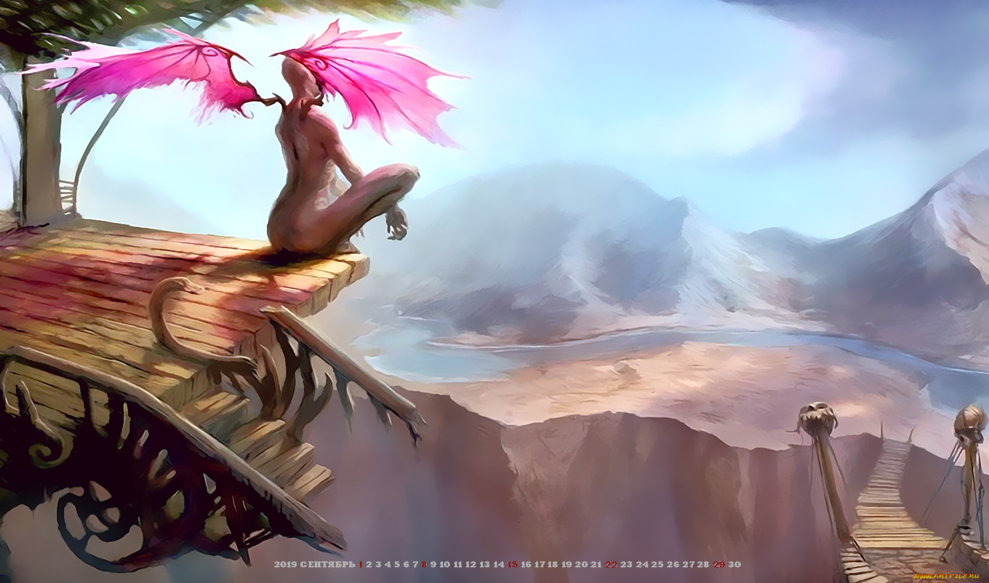 календари, фэнтези, лестница, существо, крылья, 2019, calendar, природа, гора