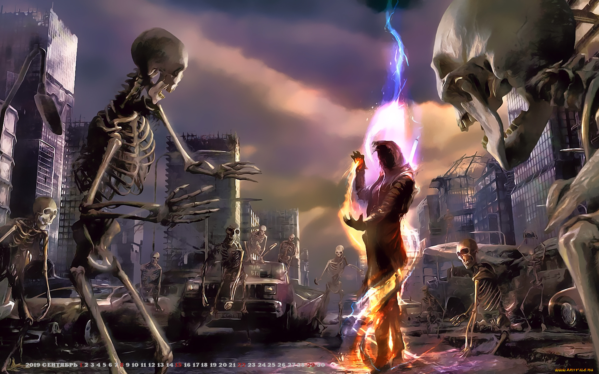 календари, фэнтези, город, силуэт, calendar, 2019, здание, скелет, магия, нежить