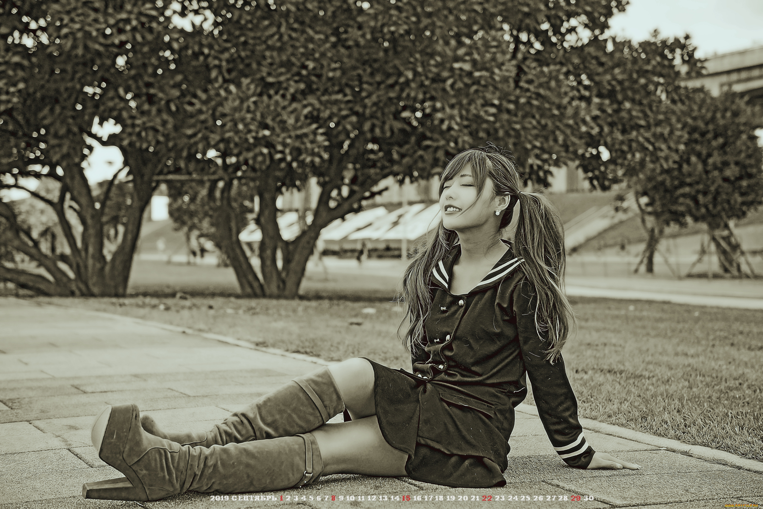 календари, компьютерный, дизайн, 2019, растение, calendar, дерево, улица, униформа, азиатка, девушка