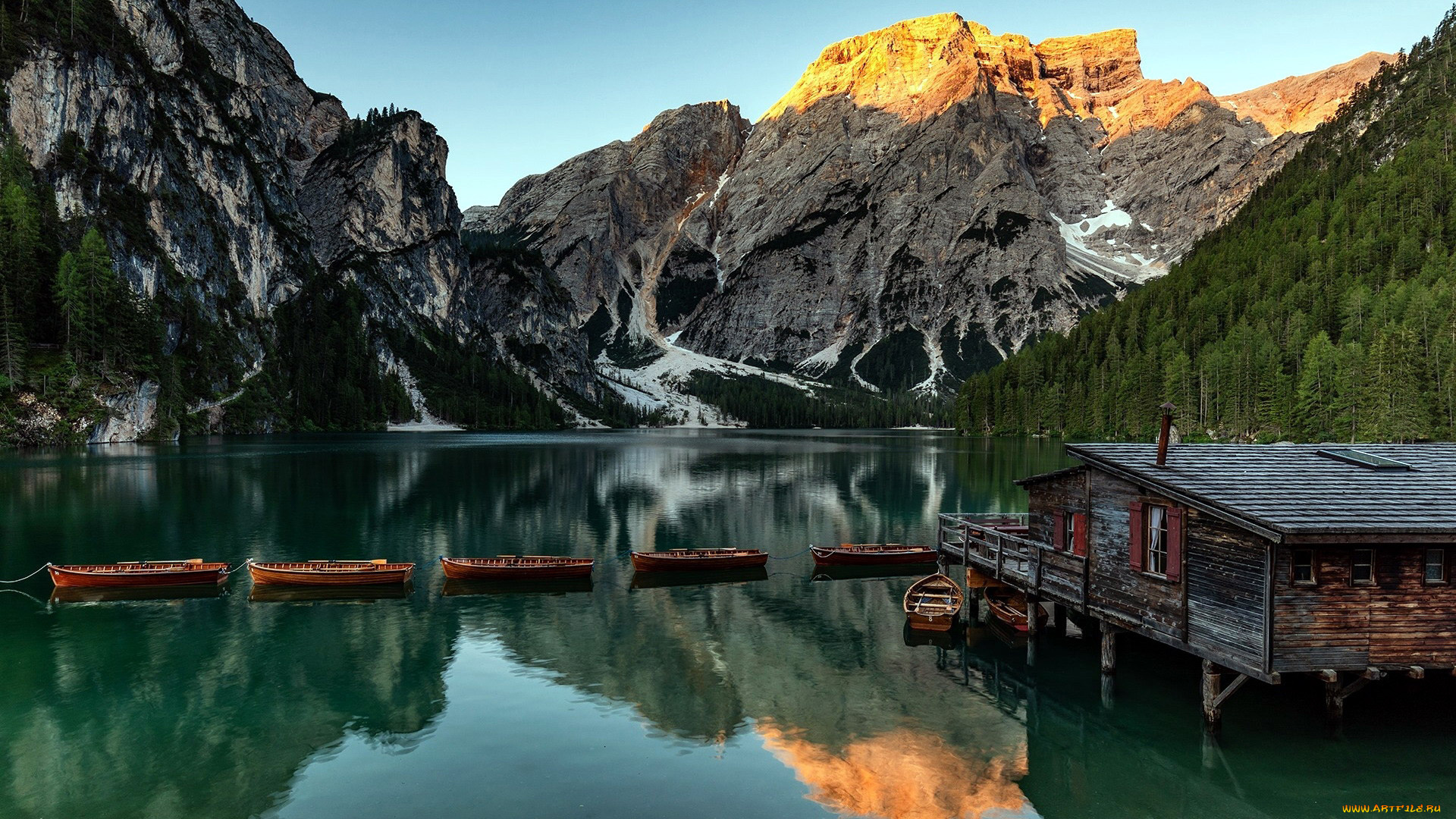 корабли, лодки, , шлюпки, горы, озеро, домик, отражение