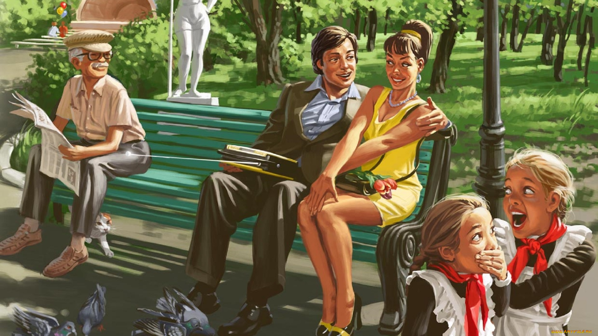 рисованное, люди, парк, старик, дети, пара, голуби, скамейка