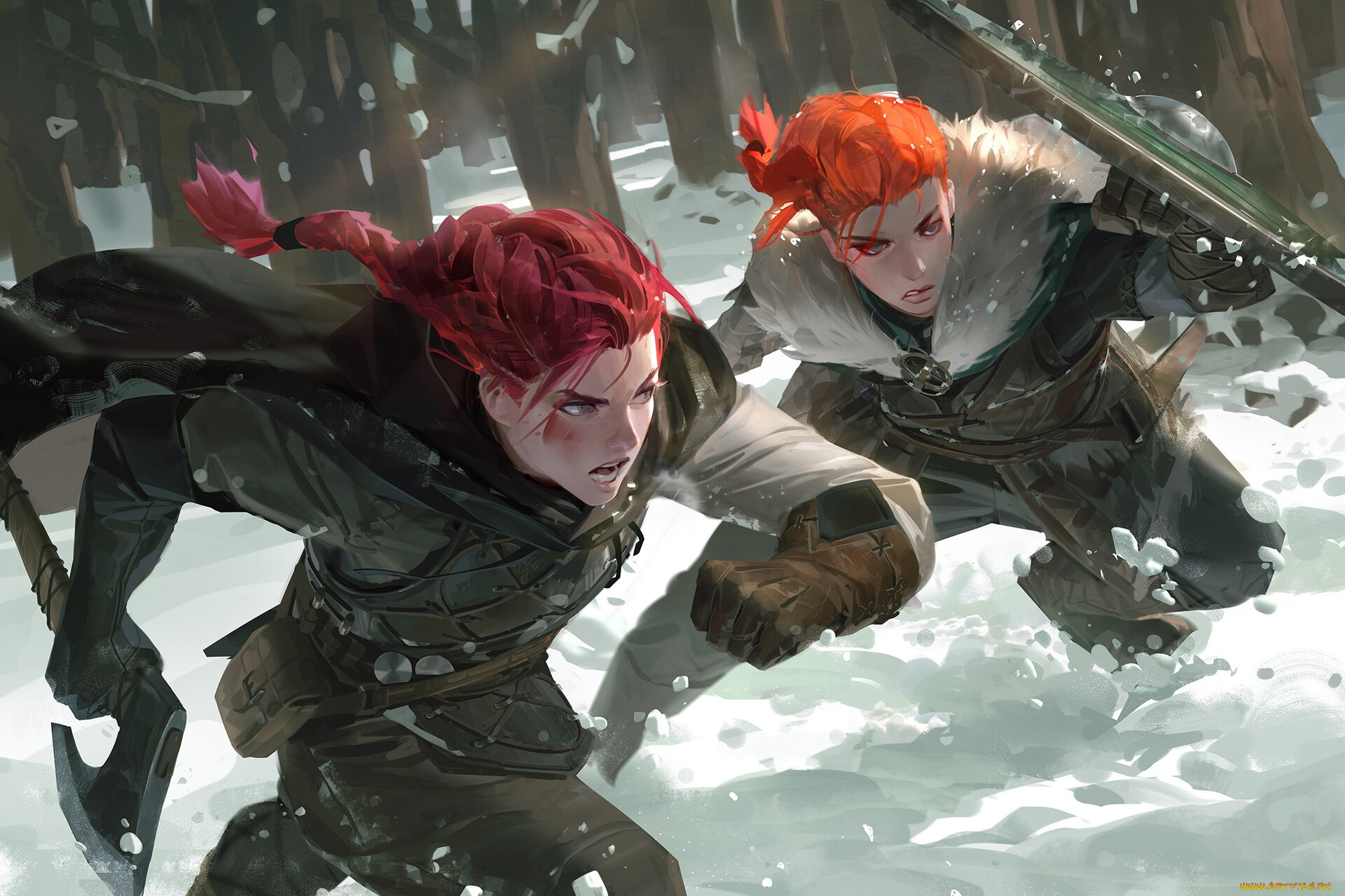 фэнтези, девушки, щит, топор, лес, снег, зима, охота