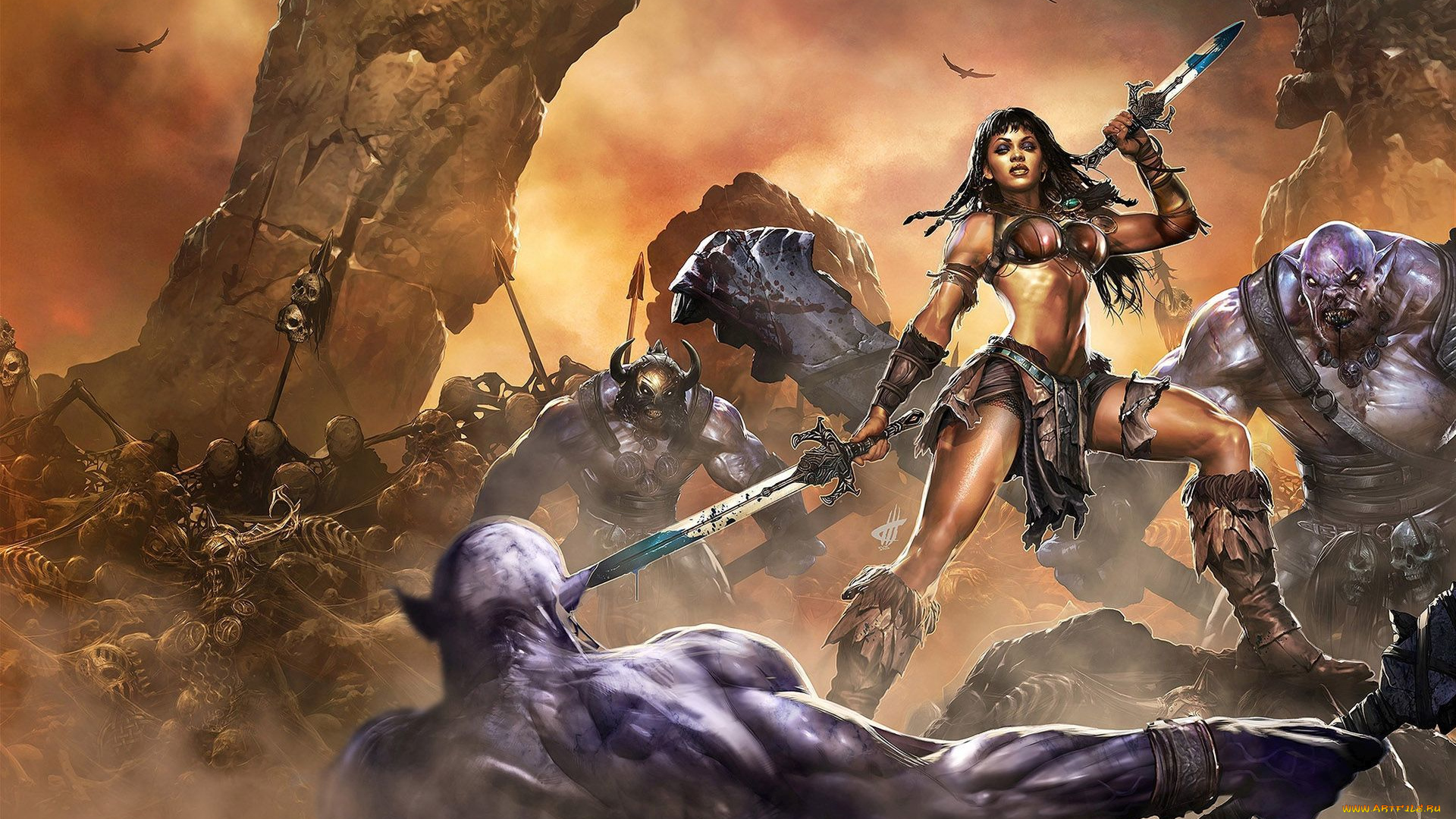 фэнтези, красавицы, и, чудовища, девушка, оружие, орки, кости, бой