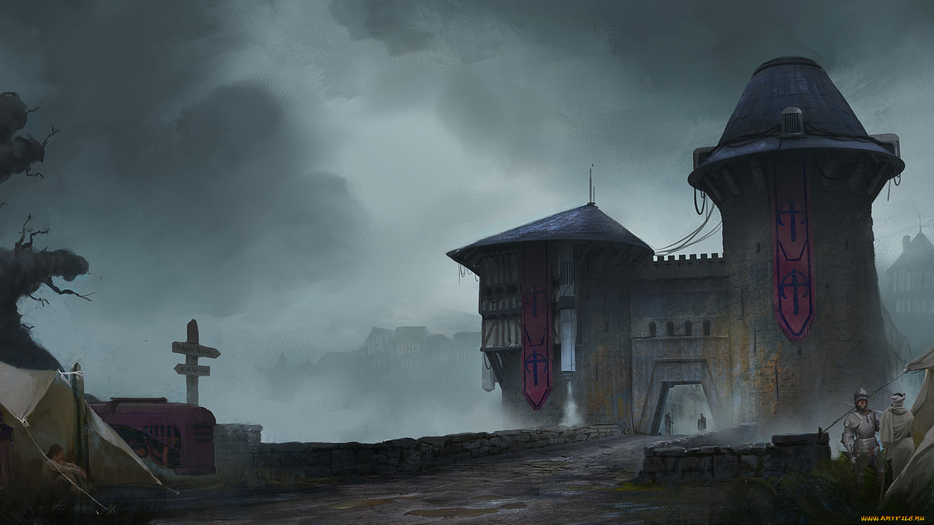 фэнтези, замки, башни, стена, люди, палатка