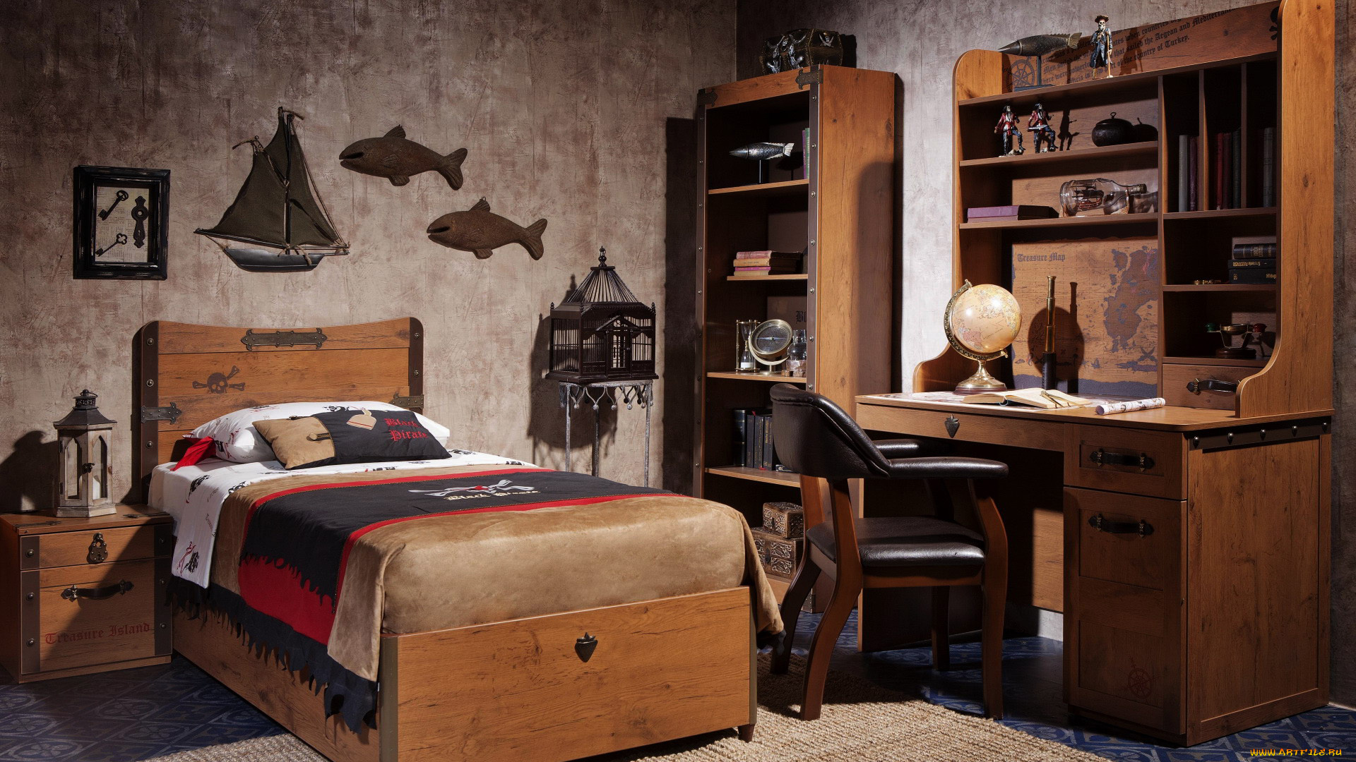 интерьер, детская, комната, кровать, письменный, стол