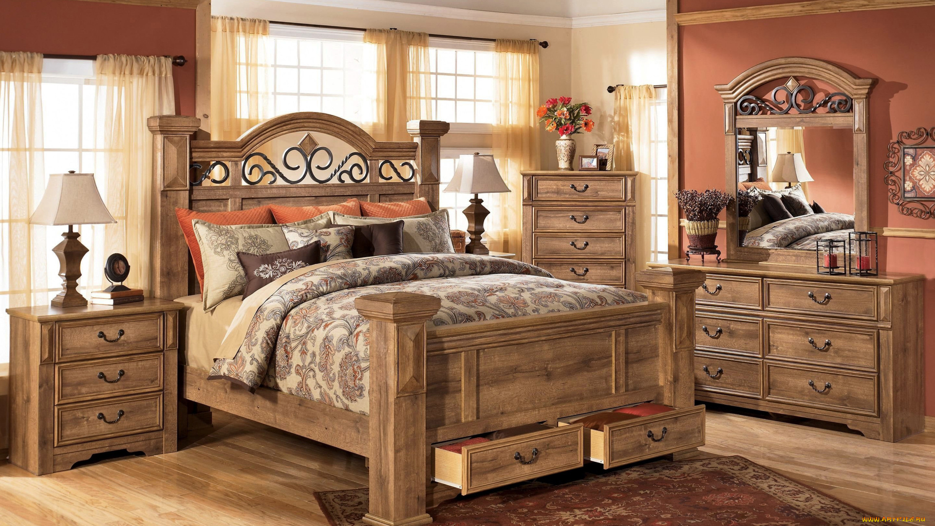 интерьер, спальня, зеркало, комод, кровать