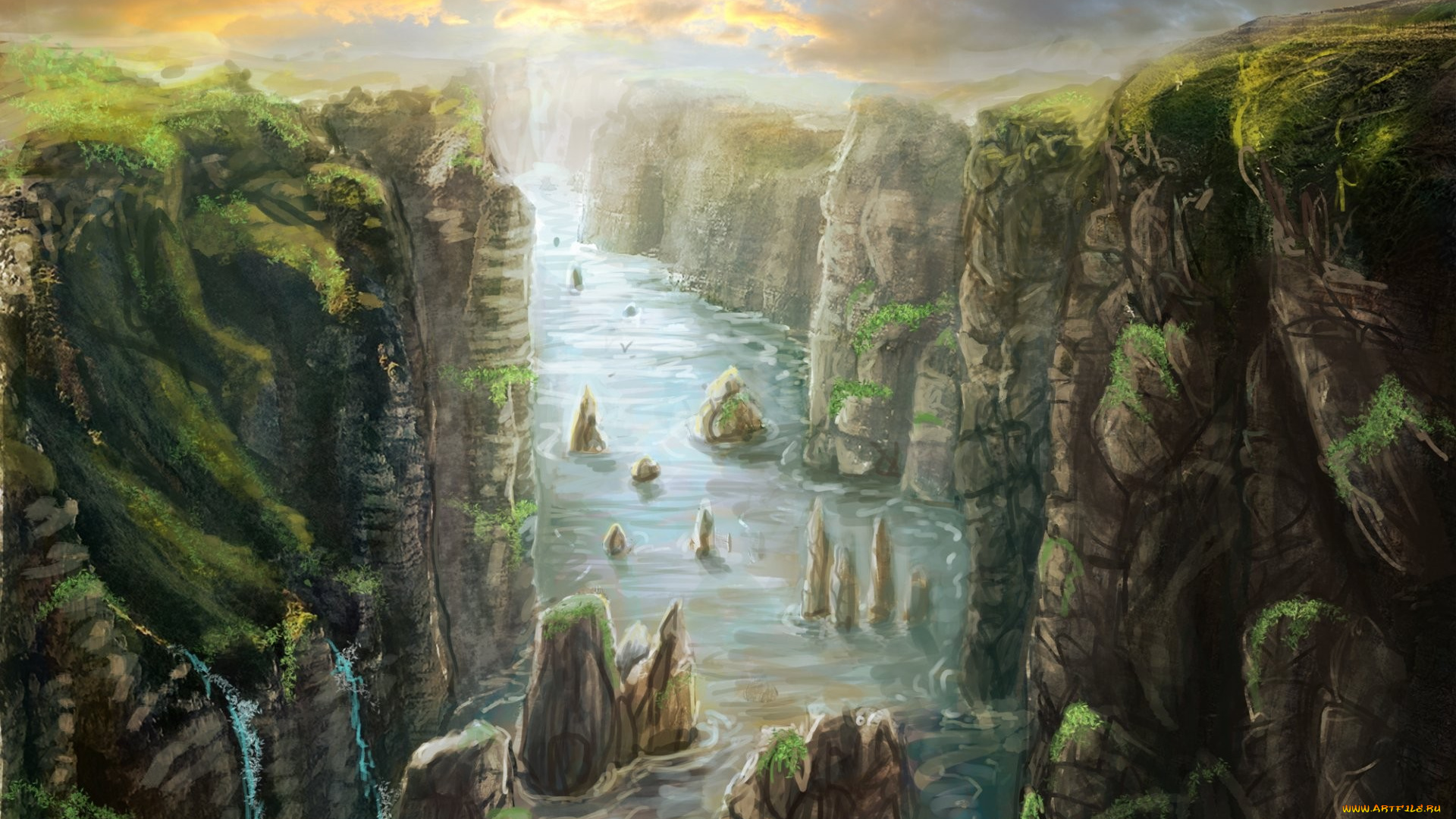 рисованное, природа, река, скалы