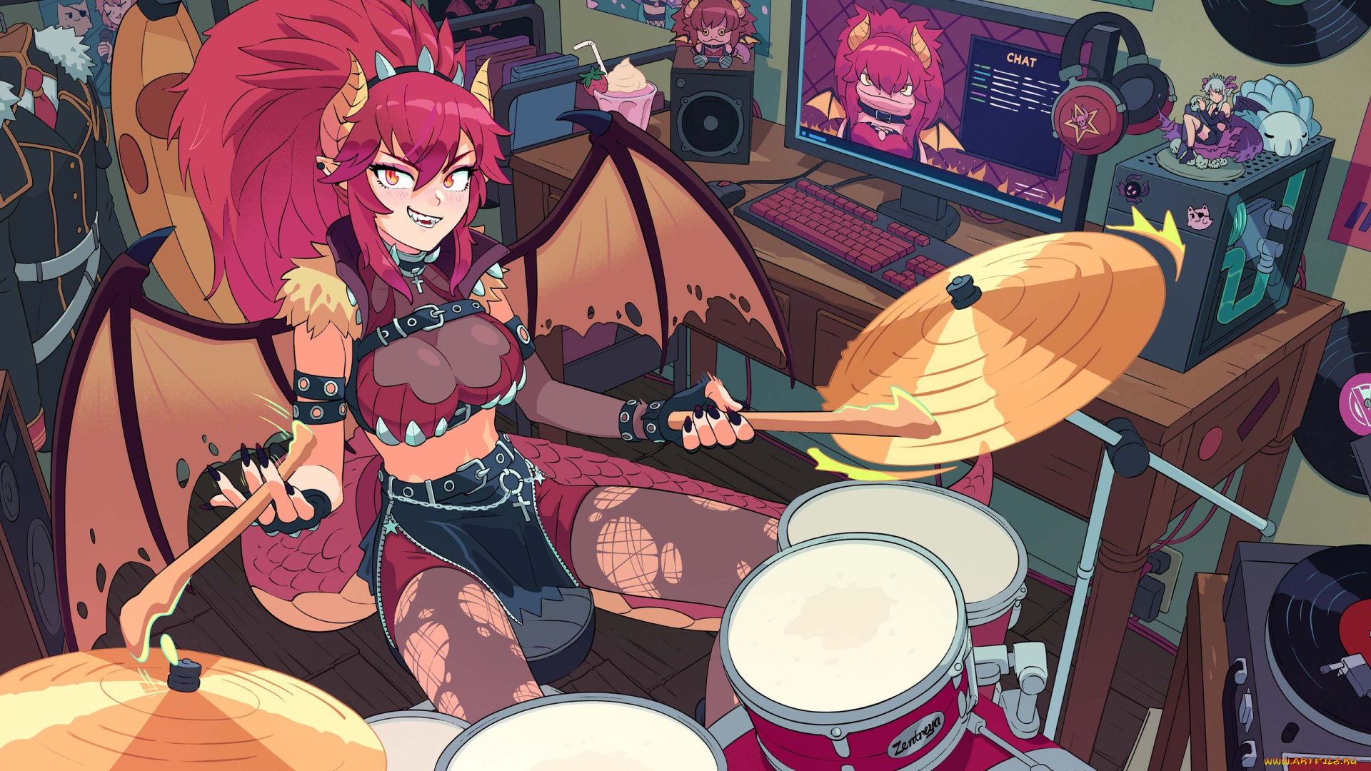 аниме, ангелы, , демоны, демонесса, компьютер, барабаны