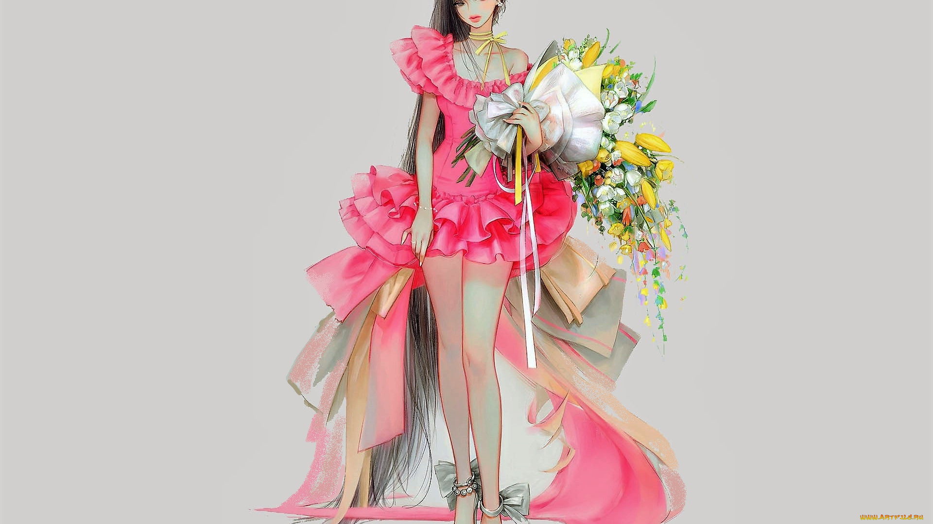 аниме, unknown, , другое, , девушка, букет, платье, шлейф