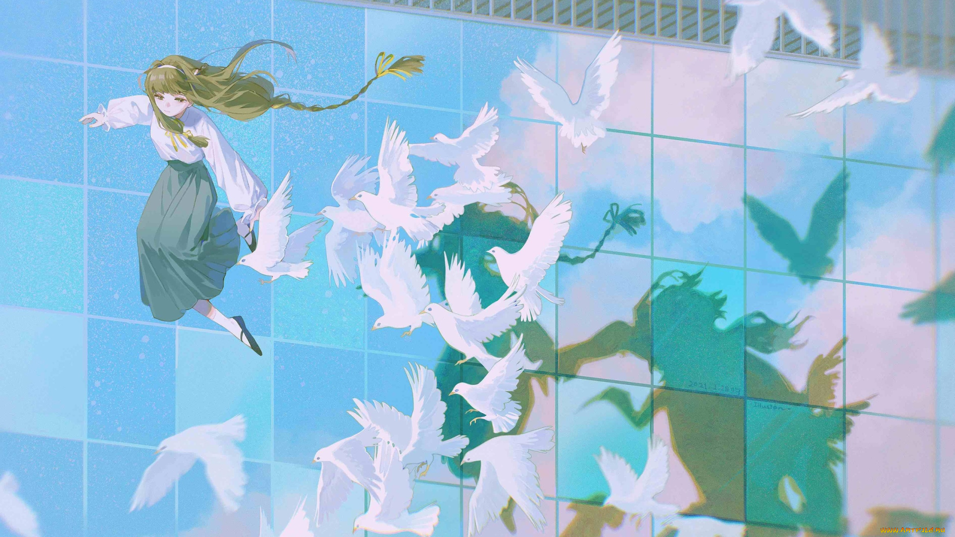 аниме, животные, , существа, девушка, голуби, стена, отражение