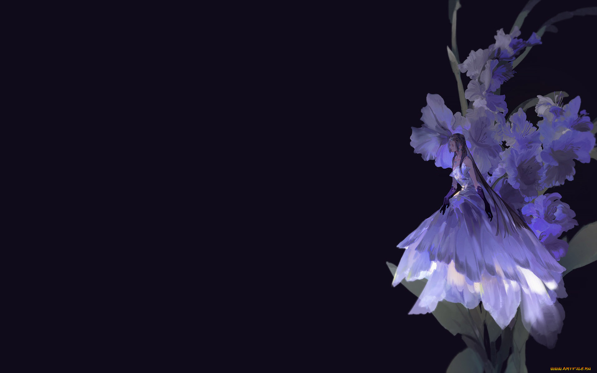 аниме, животные, , существа, девушка, платье, цветок, гладиолус