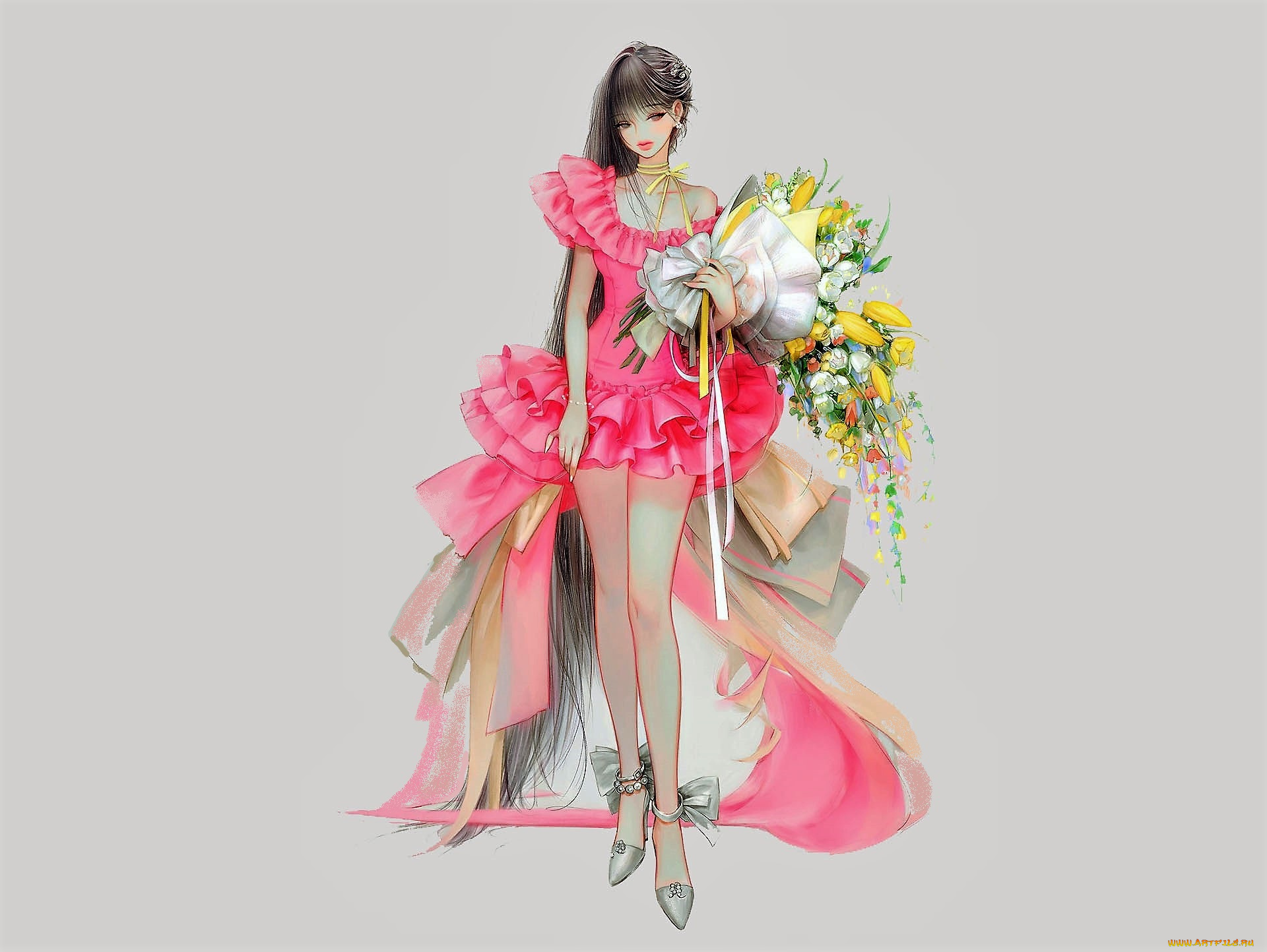 аниме, unknown, , другое, , девушка, букет, платье, шлейф