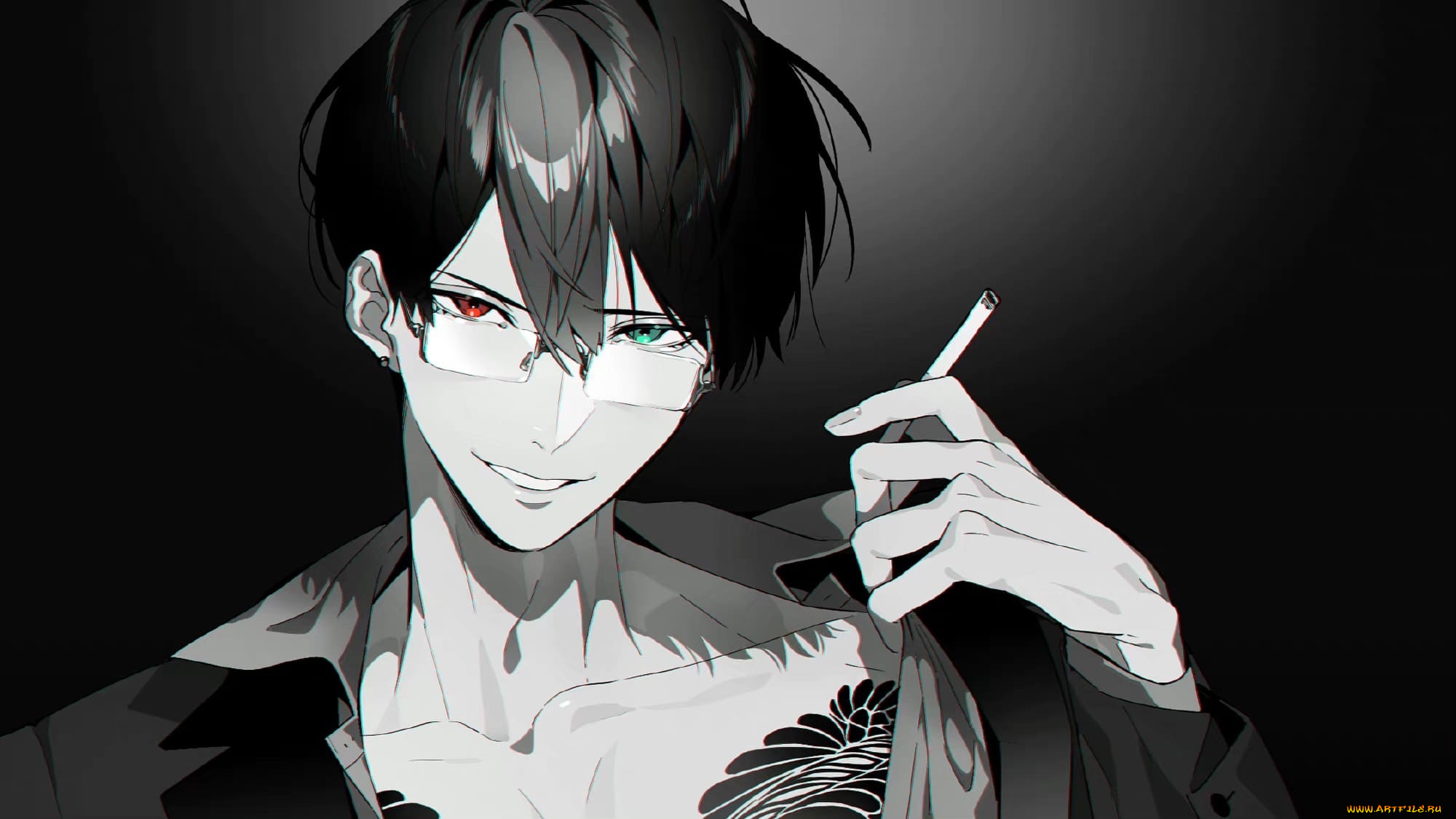 аниме, unknown, , другое, , парень, очки, тату, сигарета