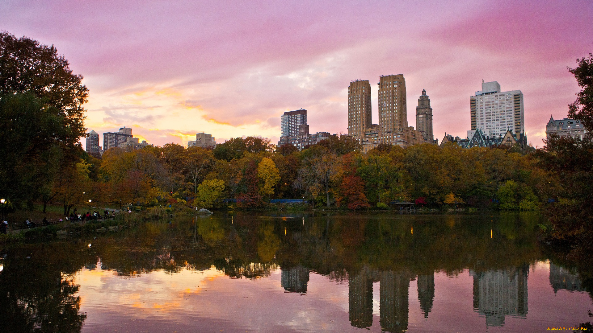 города, нью-йорк, , сша, дома, здания, деревья, парк, осень, озеро