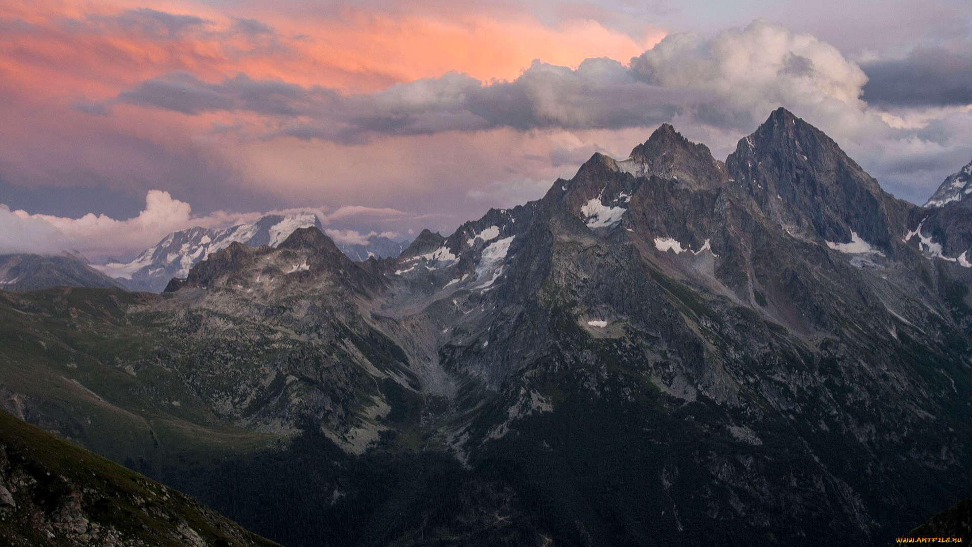 природа, горы, снег, облака, закат
