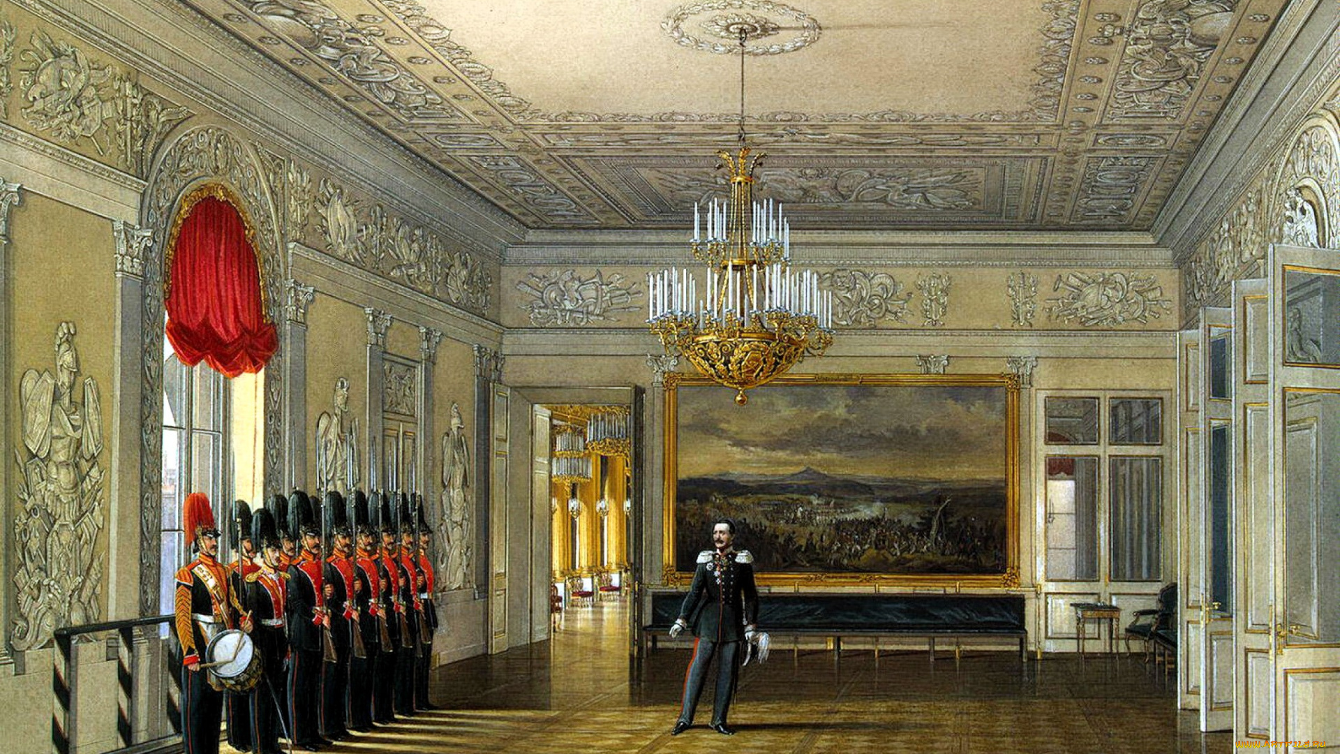 рисованное, эдуард, гау, дворец, интерьер, зал, лепнина, люстра, картина, солдаты, окна