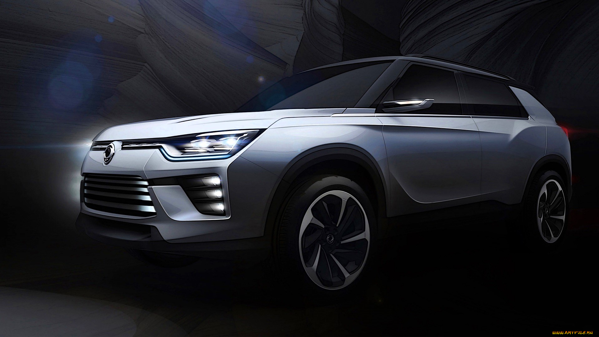 ssangyong, siv-2, рисованное, авто, мото, машина, белая, скалы