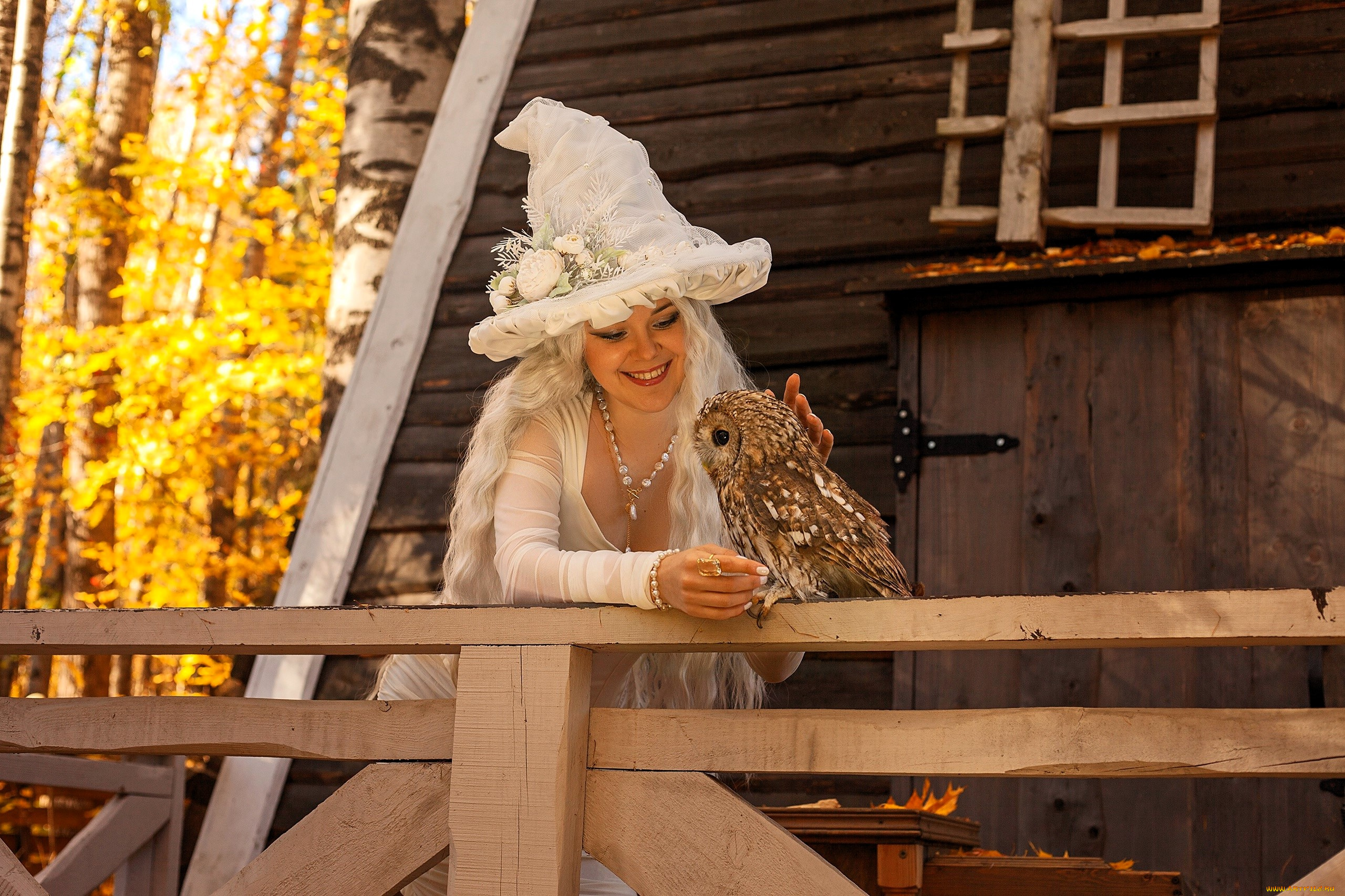 девушки, -, креатив, , косплей, образ, косплей, наряд, костюм, платье, шляпа, сова, дом, балкон, лес, осень