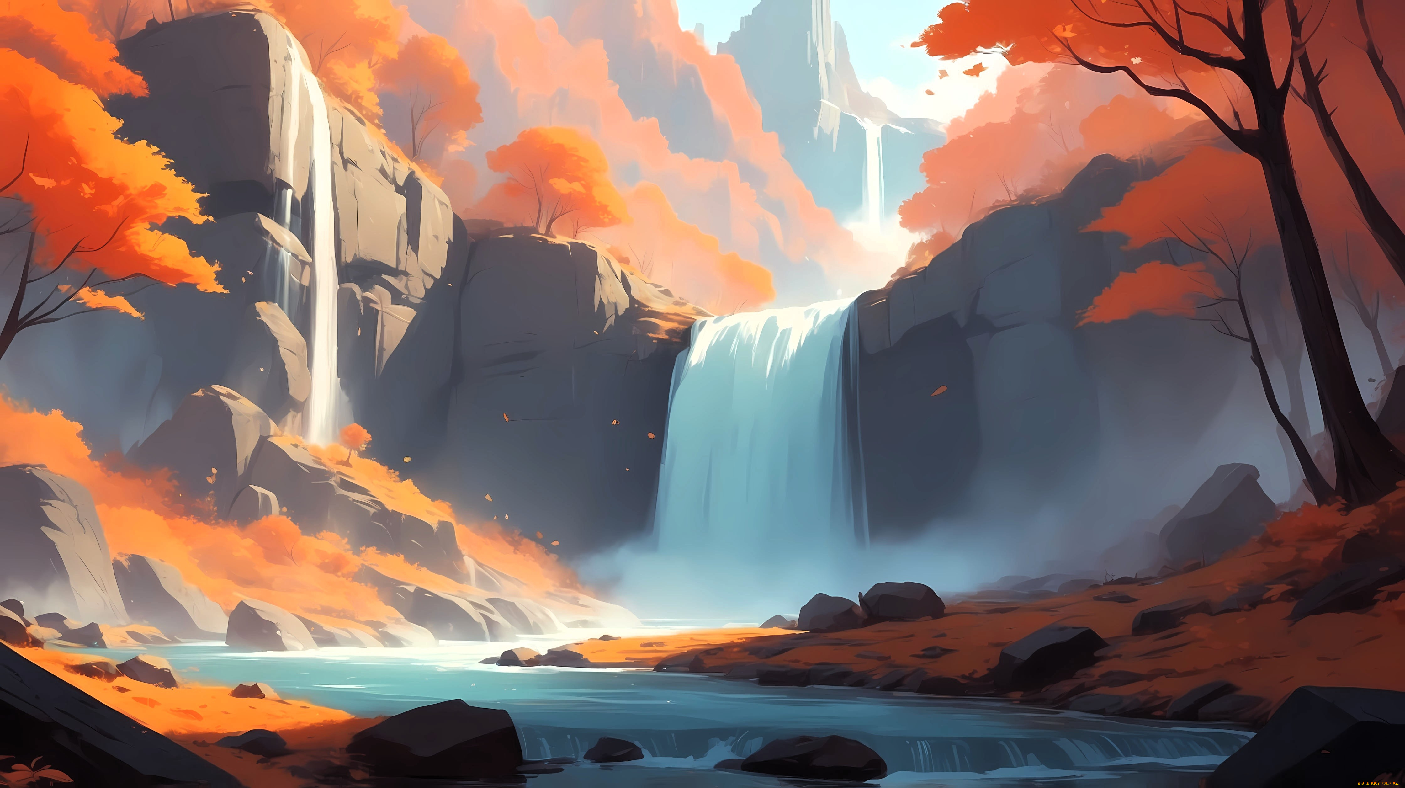 рисованное, природа, водопад, озеро, лес, осень